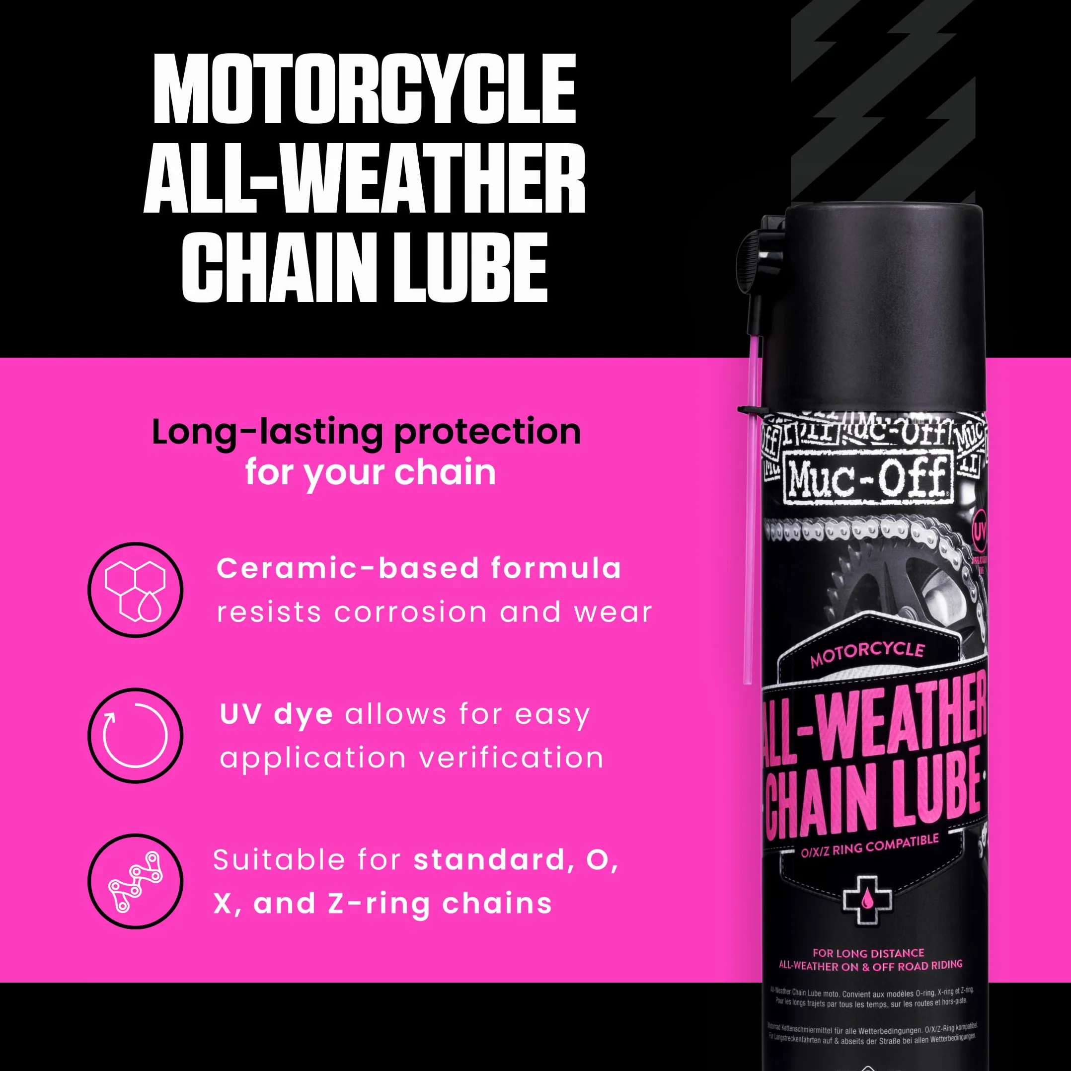 Muc-Off Lubricante de Cadena de Moto para Todos los Climas, 400 Ml - Spray Lubricante para Cadena de Moto - Formulado para Todas las Condiciones Climáticas