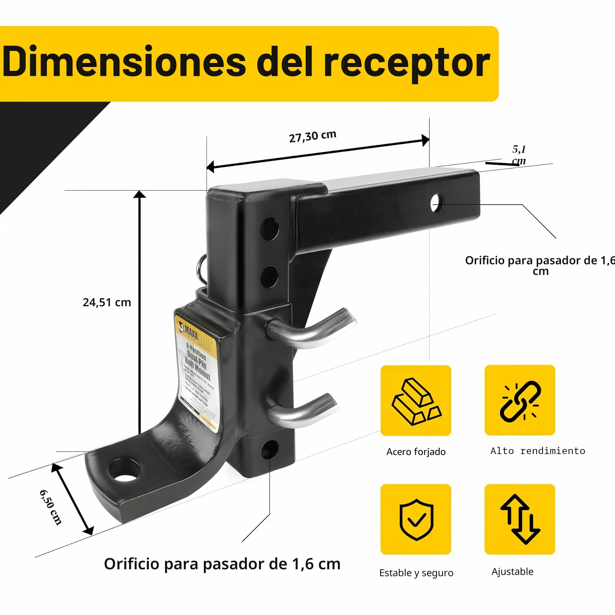 MAXXHAUL 70067 - Enganche de Remolque - Enganche de Remolque Ajustable de 8 Posiciones - 5000 Libras de Capacidad GTW, Color Negro
