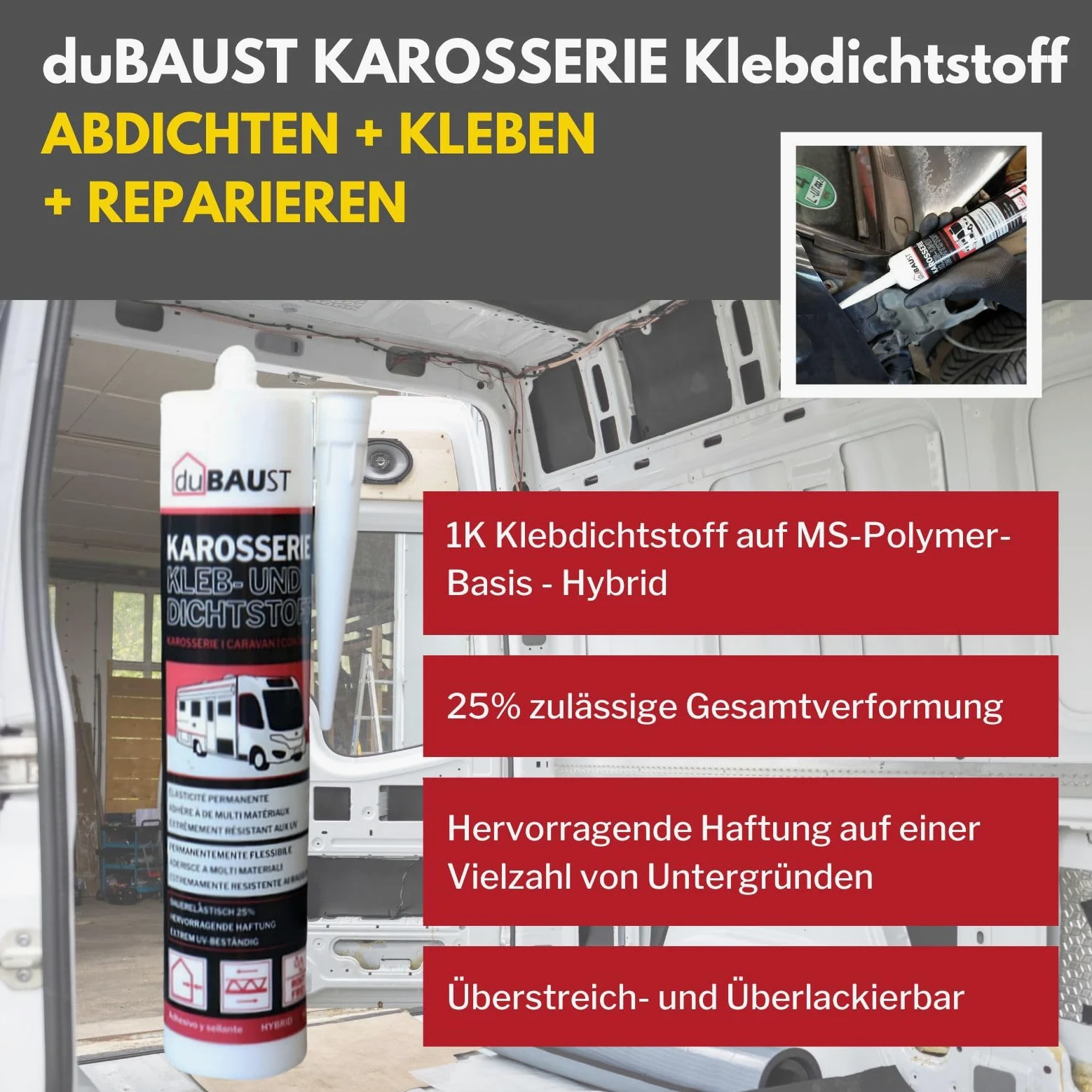 Adhesivo para carrocería, adhesivo de montaje, sellador para auto, autocaravana, interior + exterior, resistente a los rayos UV, adherencia en todas las superficies, adhesivo para caravana