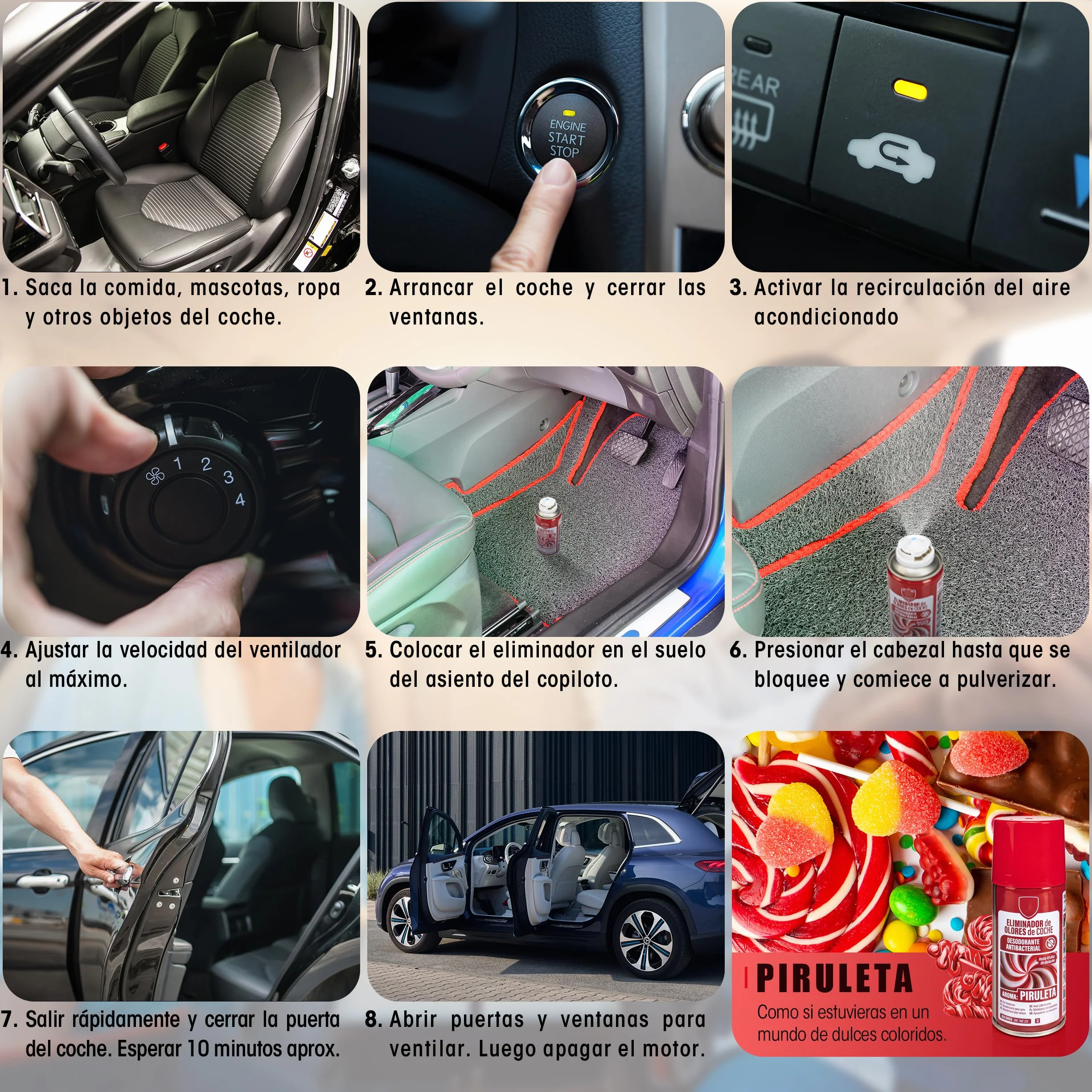 BESCH Eliminador de Olores para Coche de Descarga Única 150ml- Ambientadores de Automóvil Absorbe los Malos Olores -Olor de Piruleta
