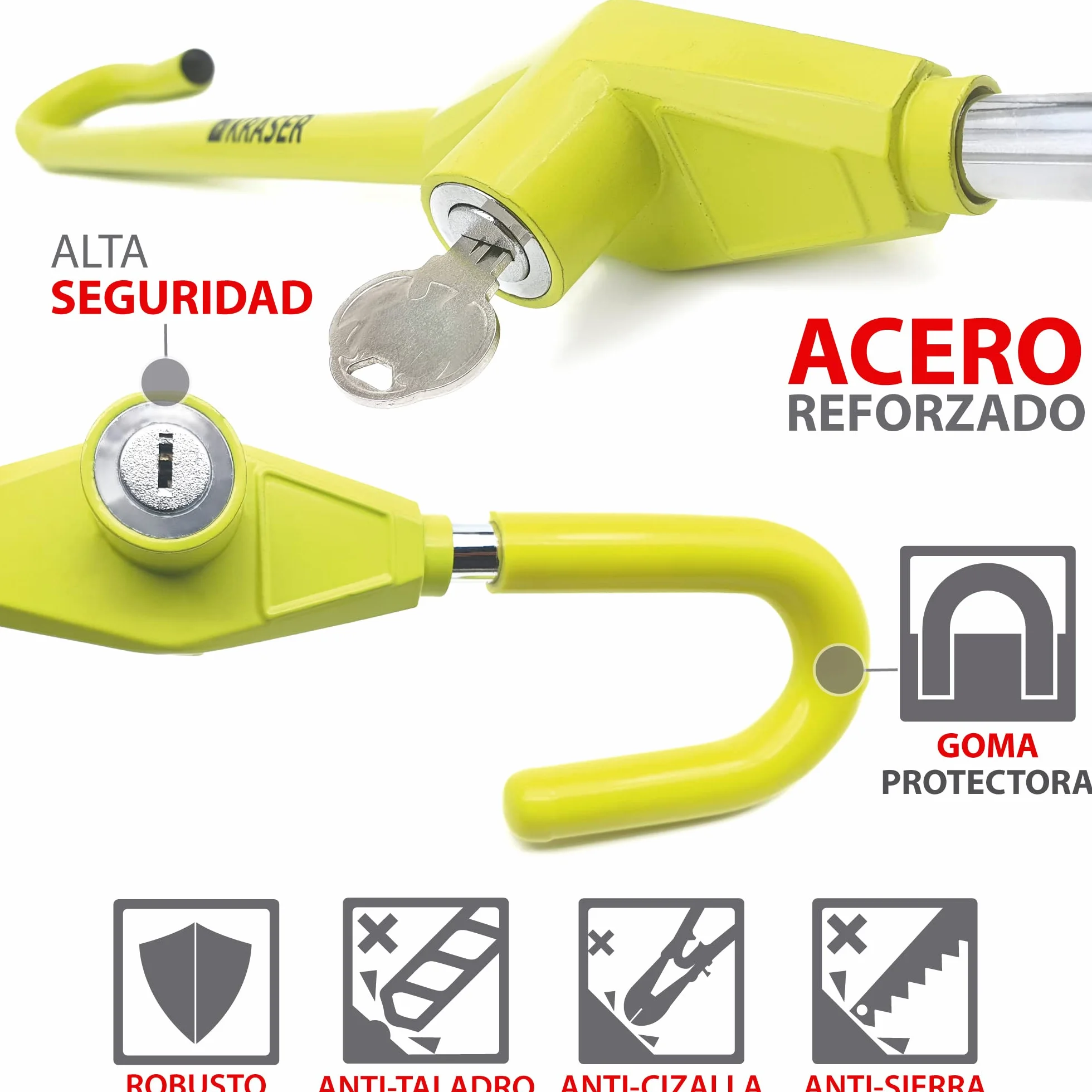 KRASER KR835 Antirrobo Coche Volante Pedal, Barra Amarilla Alta Visibilidad, Cierre Seguridad en Acero, Ajuste Gancho Más Extensible, Cepo Coche Universal Autocaravana Furgoneta