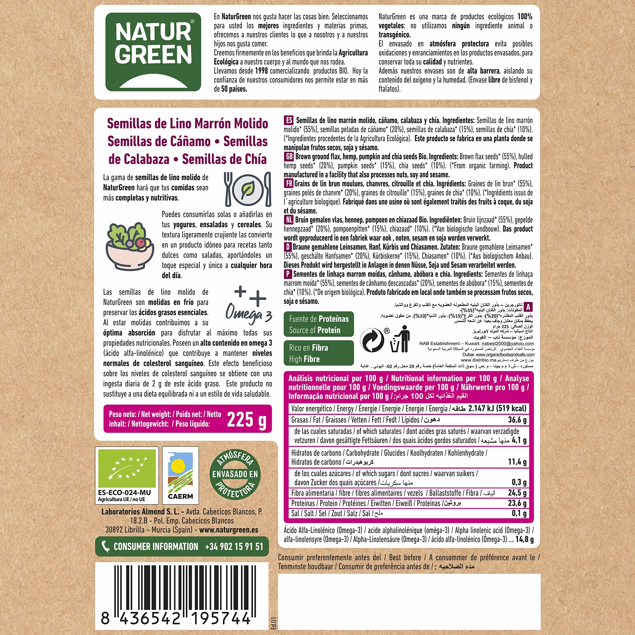 NaturGreen Semillas de Lino Cáñamo Calabaza y Chía Molidas en Frío Omega 3 Ecológico 225 g