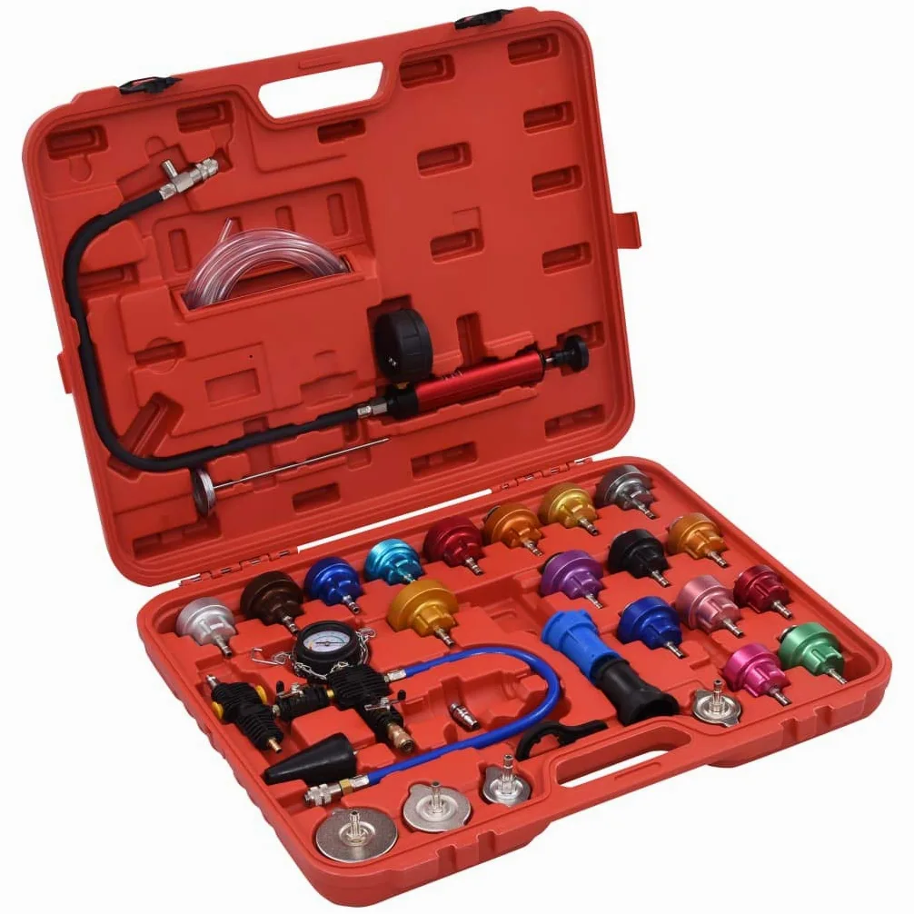Mangloder - Comprobador de presión para sistema de refrigeración y tapa de radiador, 28 piezas, plástico y aluminio, para diagnóstico y mantenimiento de vehículos