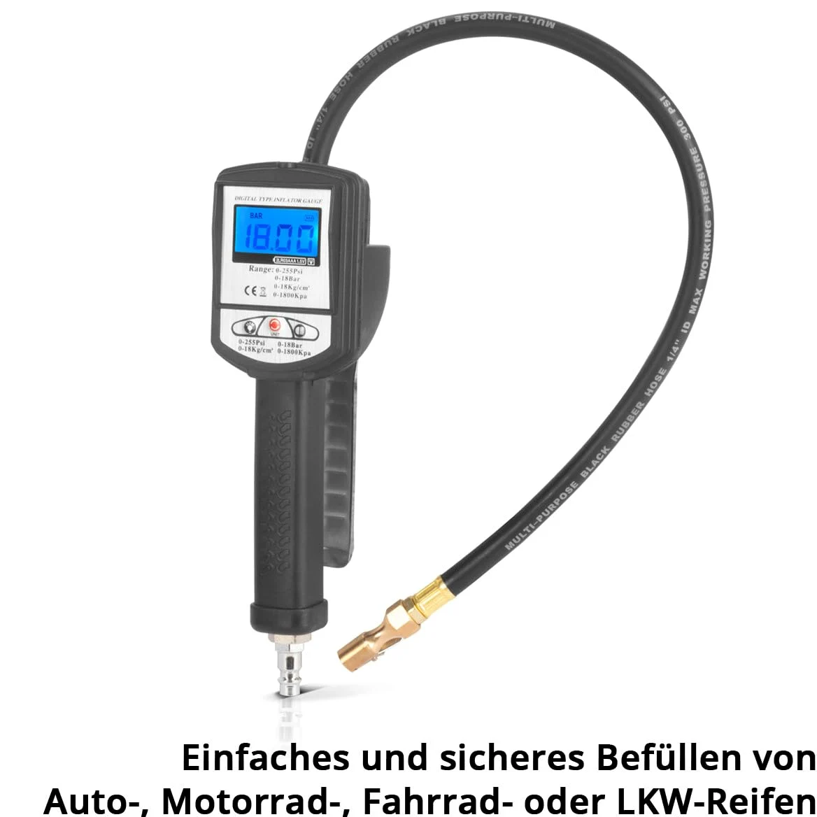 STAHLWERK Inflador digital de aire comprimido DRP-18 ST | Inflador de aire comprimido con manómetro digital | Manómetro digital para coches, camiones, motos, bicicletas | Rango de medición 0-18 bar
