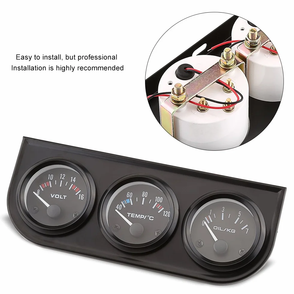 Qiilu 52mm 3 en 1 Voltímetro Sensor Temperatura Agua Presión Aceite Coche Camión