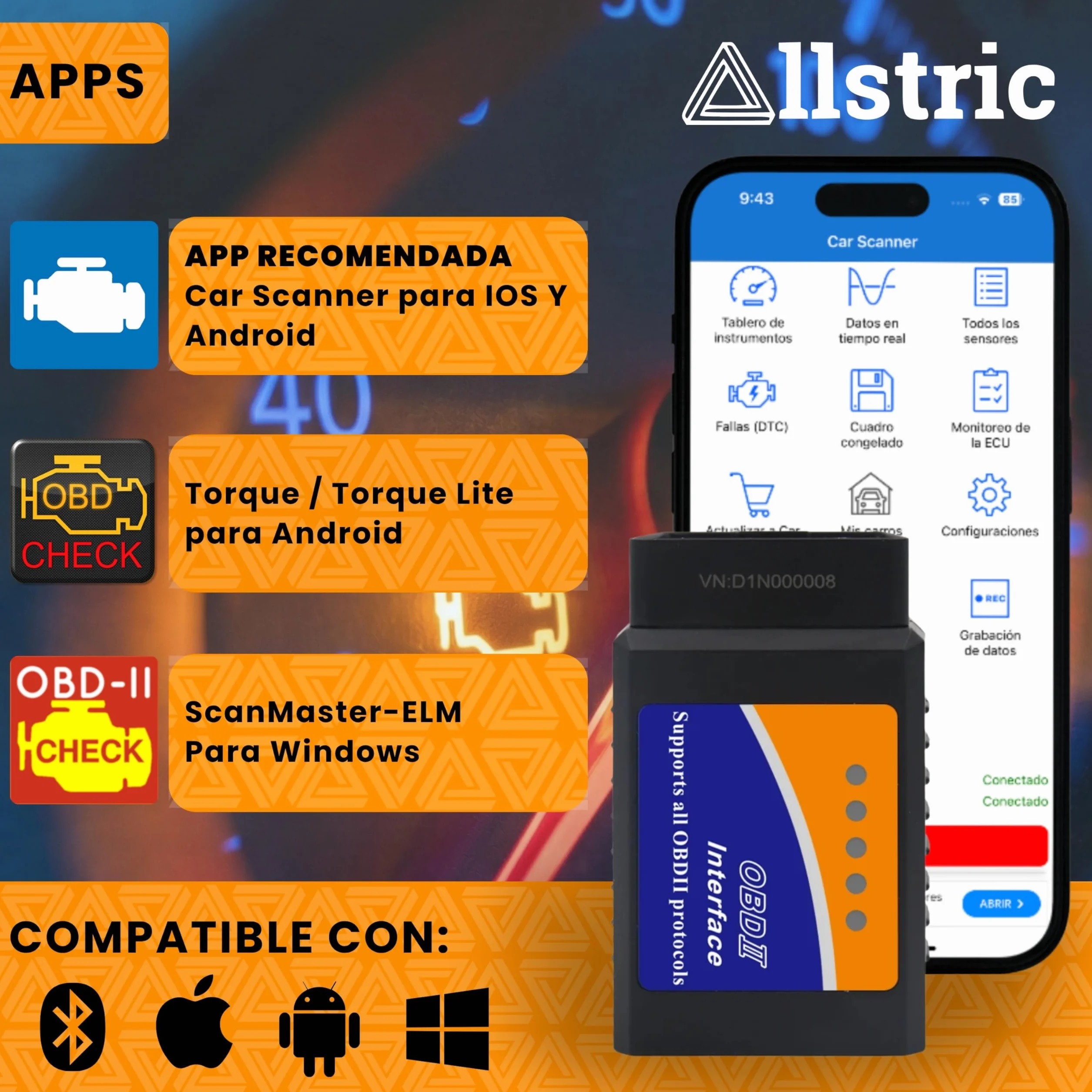 OBD2 Bluetooth para iOS, Android y Windows. OBD2 Diagnosis Coche Multimarca. Maquina Diagnosis Coche de Fallos y Errores de Motor. Escaner para Coches desde 1996 con toma OBD 2. Scanner OBD2
