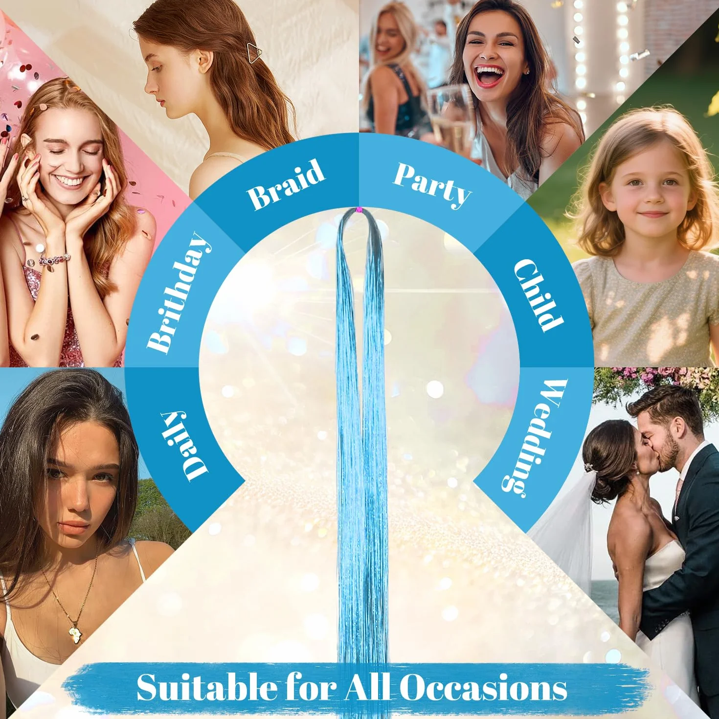 Kit de Tinsel Azul de 47 Pulgadas, Mechones de Extensiones de Pelo Brillante para Mujeres y Niñas, Accesorios de Fiesta