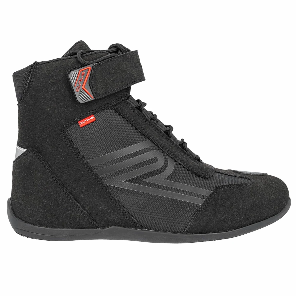 CURVE Botas moto Radium Negro, Micro amara, Protección cambio, tobillo y talón, Cierre autoadherente con cordones, Suela antideslizante, Adultos, Hombre, Mujer, CE