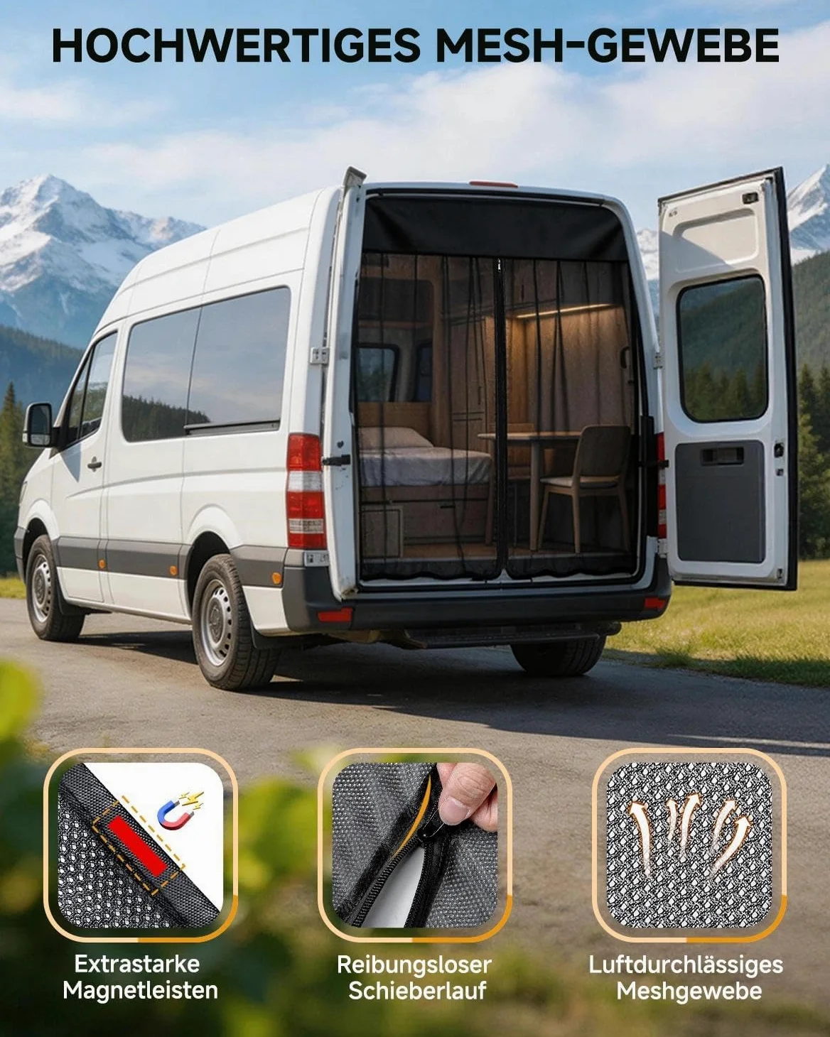 Red de protección solar universal para portón trasero con cremallera e imanes para Mercedes Sprinter VW Crafter Ford Transit FIAT Ducato Opel Movano Peugeot Boxer