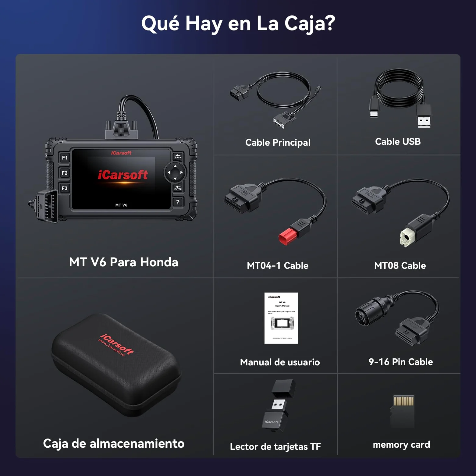 iCarsoft MT V6 para Honda Moto, Herramienta de Diagnosis de Sistema Completo, 7 Servicios, Lector de códigos de Motor con Vin automático, Prueba de batería y actualización de por Vida.