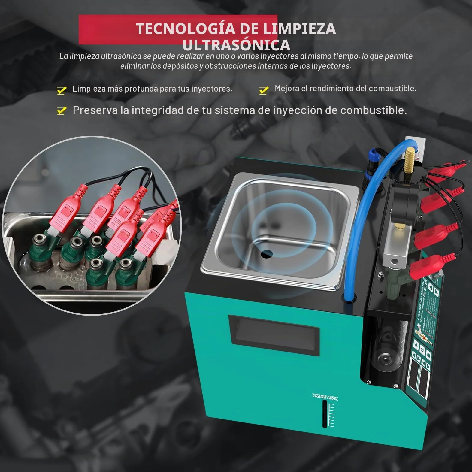 PLAYOCCAR Kit Limpiador y probador de inyectores de Combustible, 4 Cilindros, ultrasónico, para Coches y Motocicletas de Gasolina y diésel