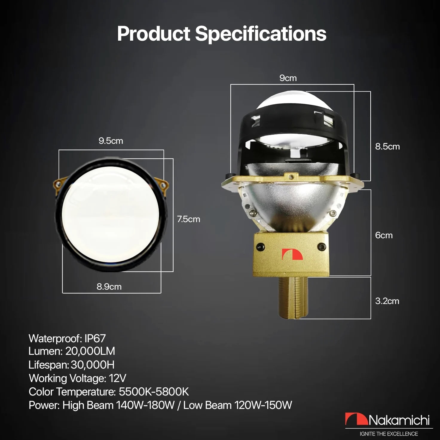 Nakamichi GM901 Series H4 H7 9005 9006 Bi-LED Proyector Faro Lente, 3,0 pulgadas, 20.000 lúmenes, 112W por juego, retroadaptación de haz alto y bajo, paquete de 2 5800K