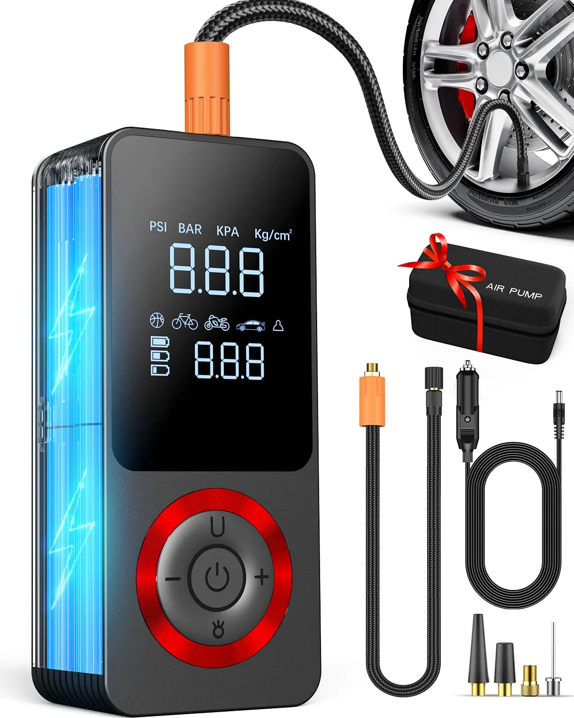 Inflador de neumáticos, compresor de aire portátil, bomba de aire inteligente para neumáticos de coche con 3 modos de luz, medidor de presión digital, adaptador de corriente de coche de 12 V, caja de