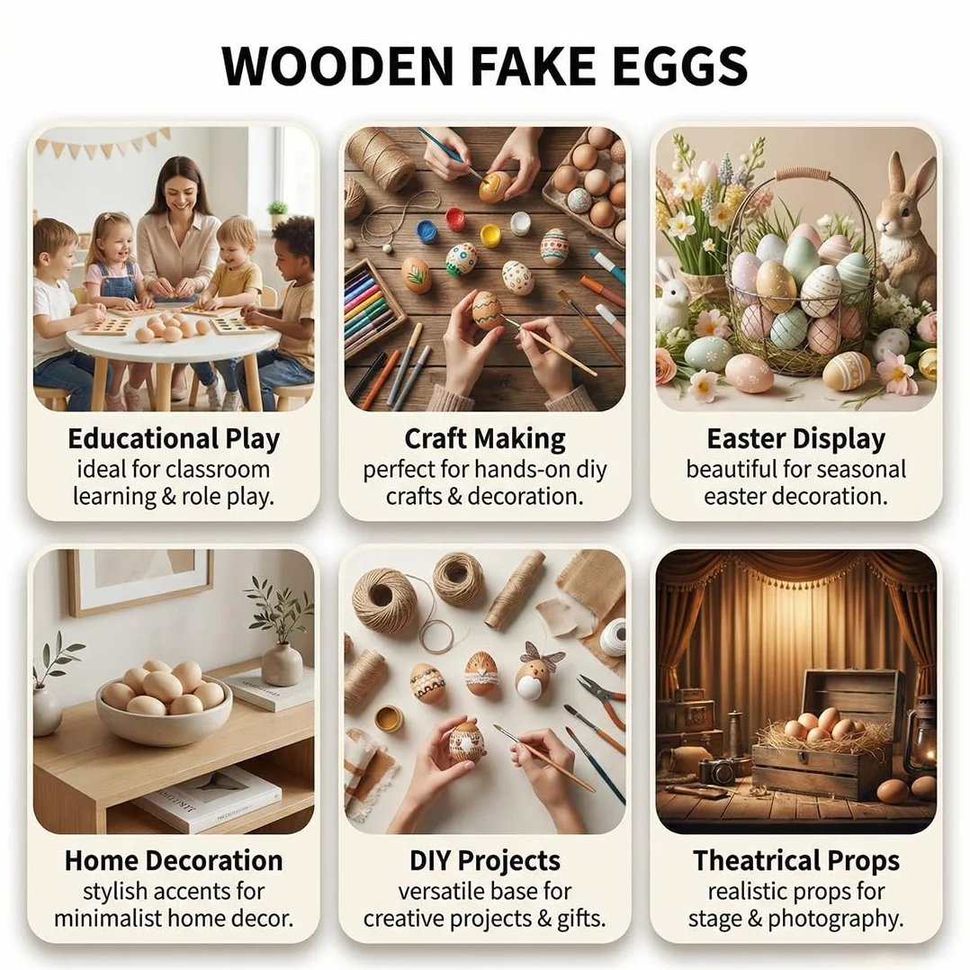 Huevos Artificiales de Madera Set 6 Piezas Decorativos para Nidos y Producción de Aves