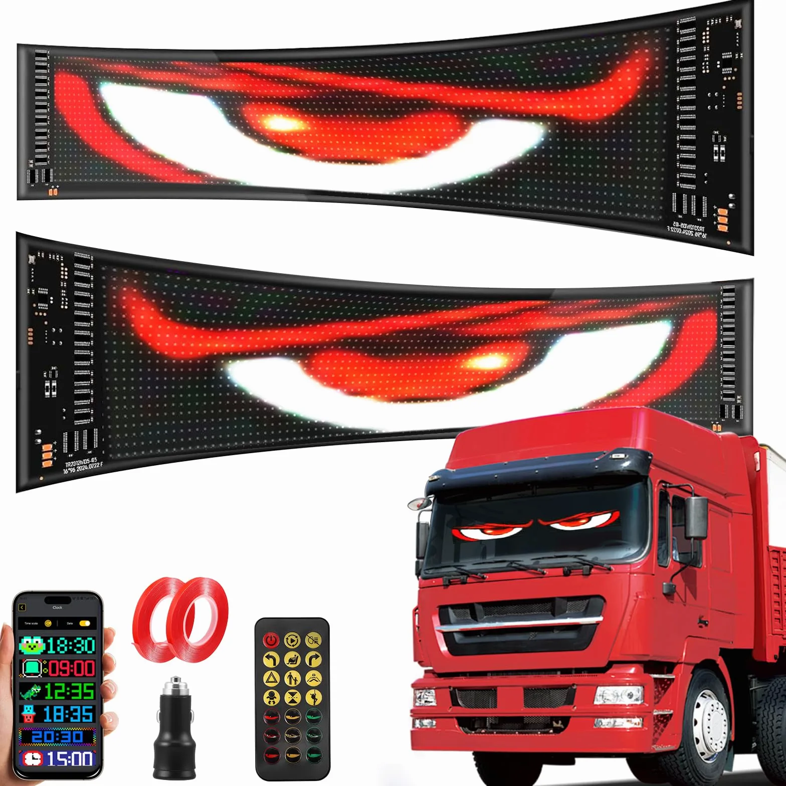 2 x Letrero LED para Coche, Letrero de Luz de Devil Eyes Programable P65 Impermeable para Camión Coche, Letrero Luminoso Personalizado con App y Mando a Distancia, 12 x 60 cm