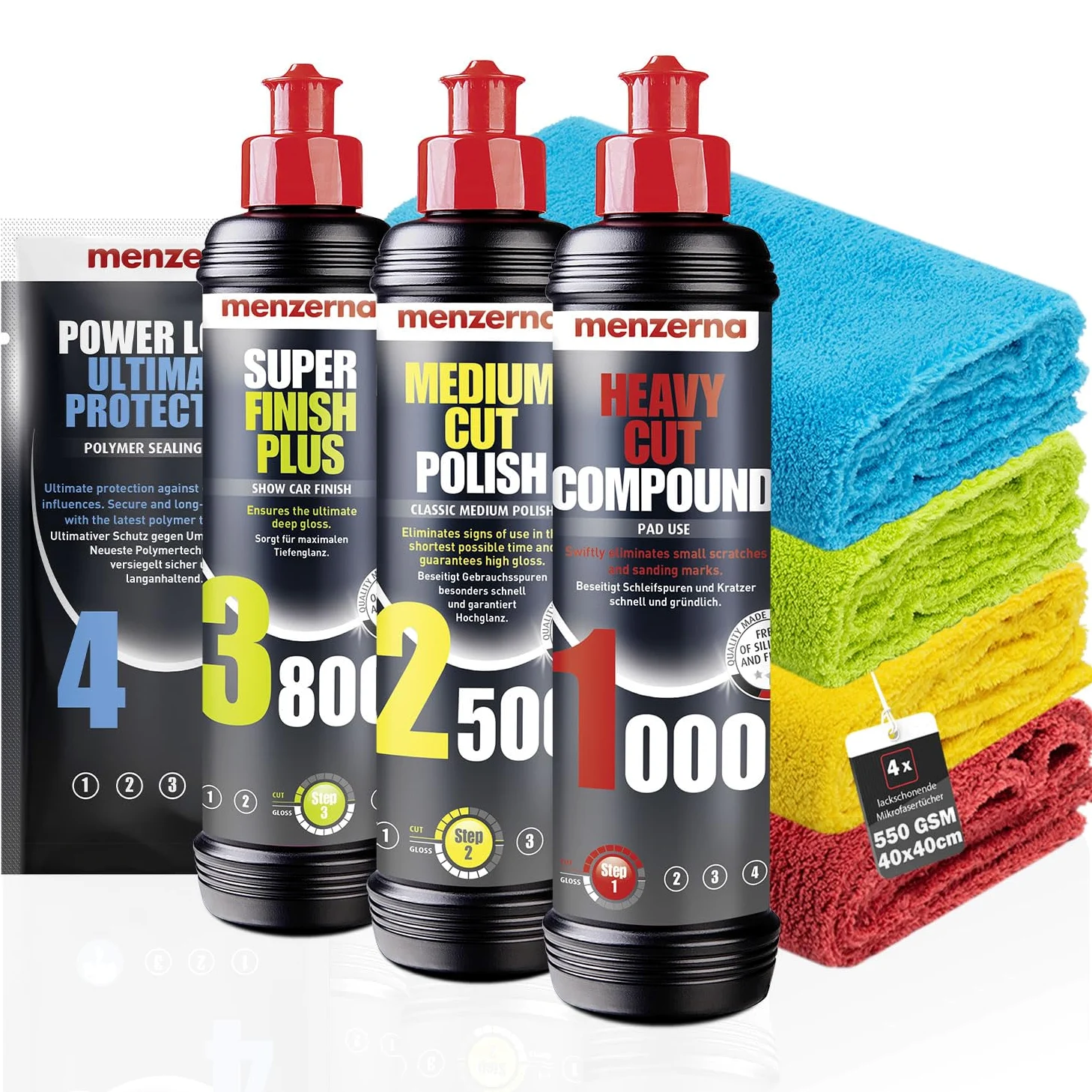 Menzerna Car Polish Set: Menzerna Heavy Cut Compound 1000 + Medium Cut Compound 2500 + Super Finish Plus 3800 + Power Lock Sachet 20ml + 4X Paño de Microfibra 40x40cm