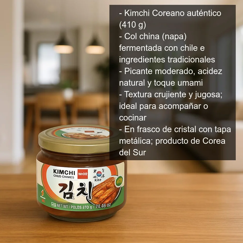 Kimchi coreano auténtico 410 g en frasco de cristal Col china fermentada picante moderado