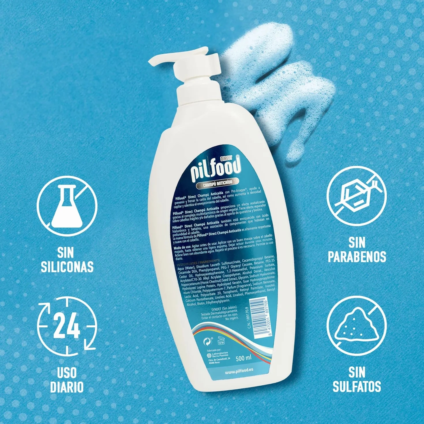 Shampoo Pilfood Direct Vegetal Anticaída Capilar con Pro-Anagex Ácido Hialurónico y Betaína 500ml pH5 Sin Parabenos Sulfatos Siliconas