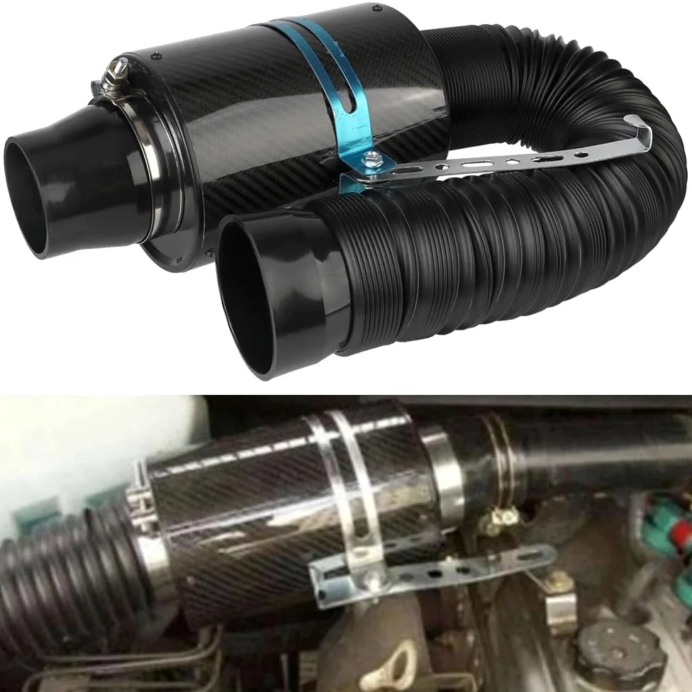 Conjunto de filtro de aire Caja de aire Filtro de aire frío de fibra de carbono para coche, caja de filtro de entrada de fibra de inducción cerrada, Kit de manguera de tubo Universal, 1 Juego