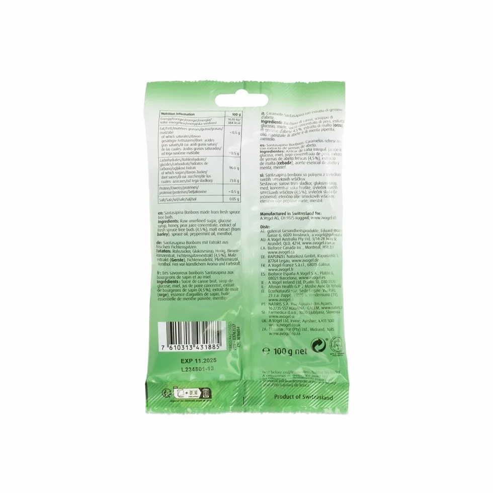 A.Vogel Santasapina Bonbons Caramelos con Extracto de Yemas de Abeto para la Garganta, Miel Pura y Jugo de Pera, 100 Gramos