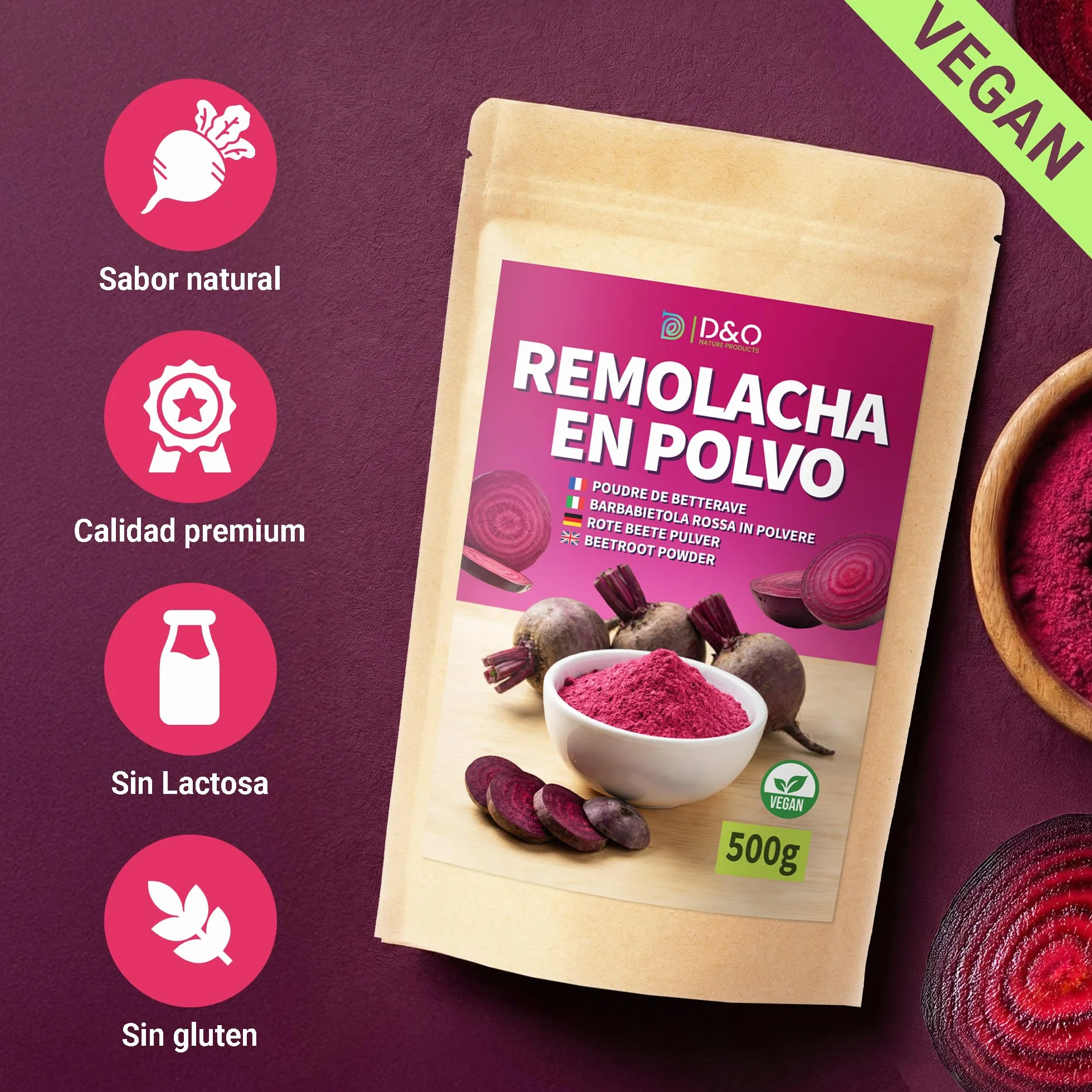 Remolacha en Polvo 500g - 100% Natural, Secado Suavemente al Aire, Sin Aditivos, Vegano