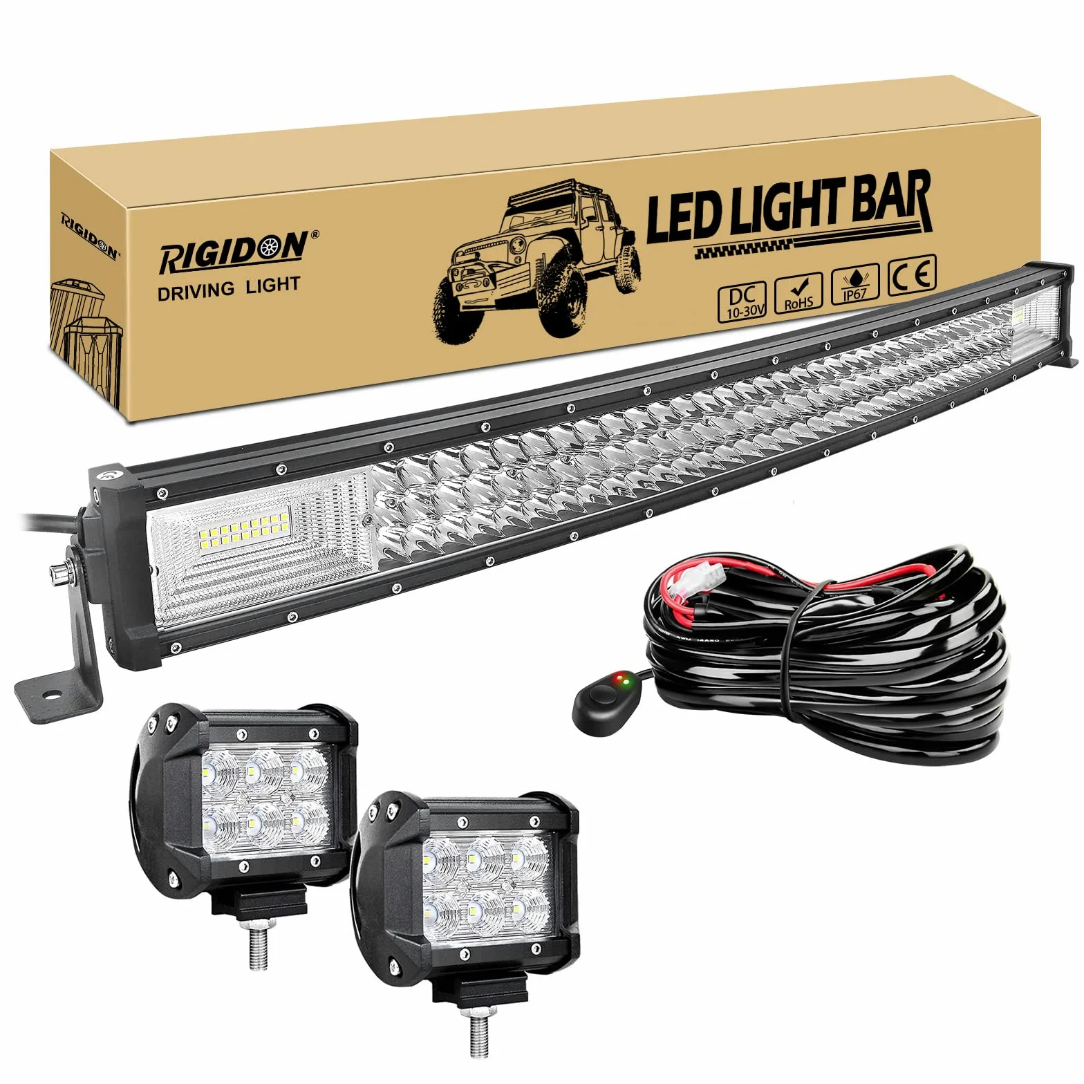 RIGIDON Curvada Barra luz led, 32 Pulgadas 80 cm 405W 12V Kit de cableado | 2x 4 pulgadas 18W luz inundacion, barras luminosas led, para off road camión coche ATV SUV 4x4 barco todoterreno, impermeable