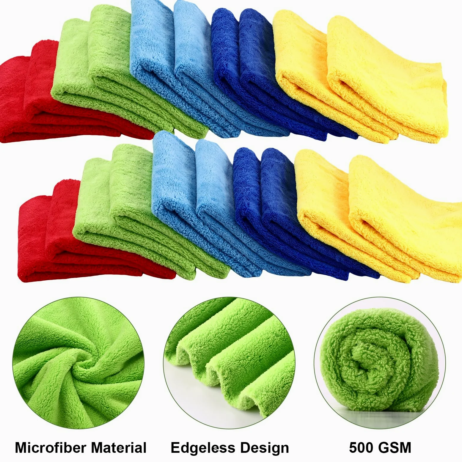 Shimeyao 30 toallas de felpa de microfibra sin bordes para automóviles, secado y lavado, paños de limpieza absorbentes, 500 g/m², 16 x 16 pulgadas (multicolor)