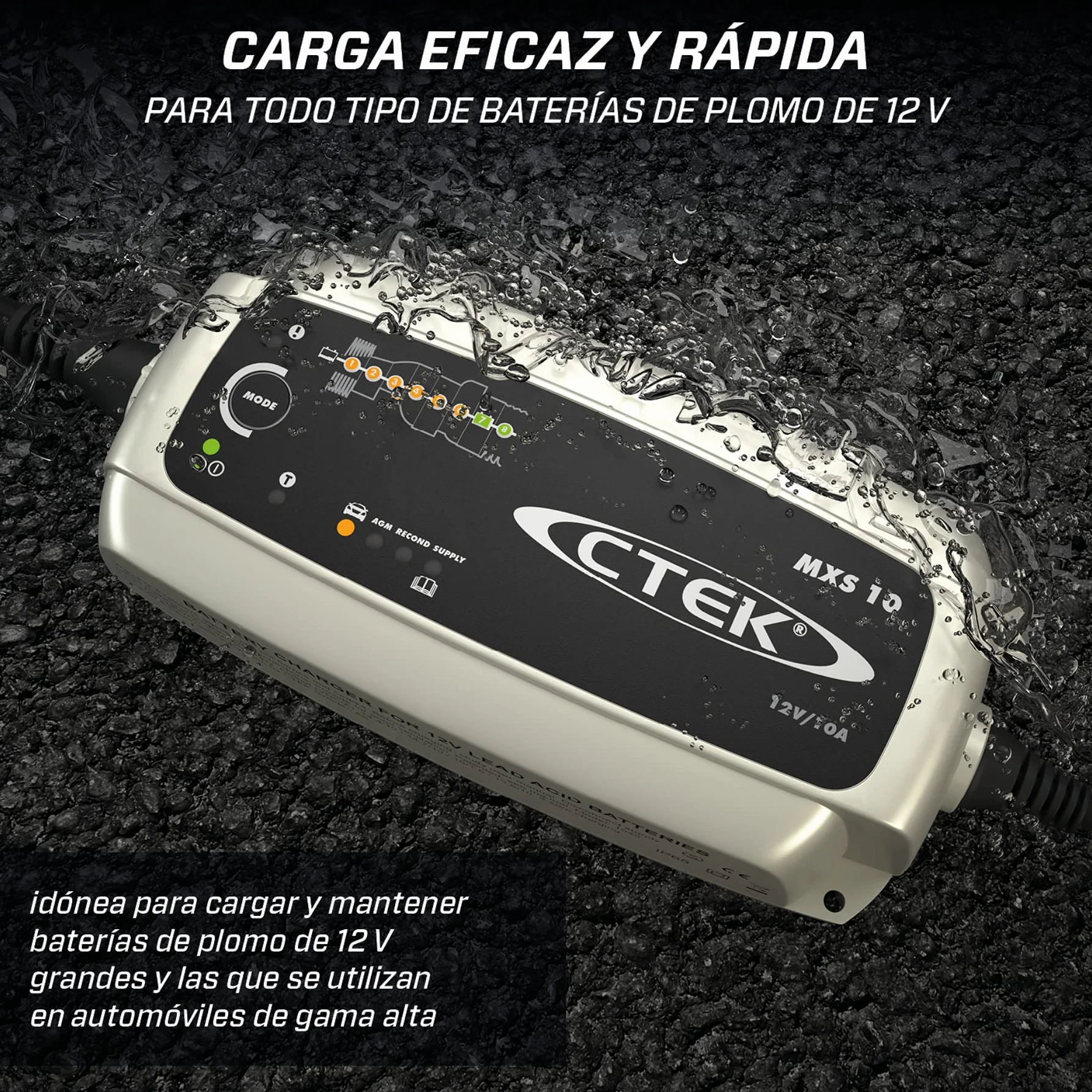CTEK MXS 10 Cargador Batería 12V 10A, para Baterías De Vehículos Más Grandes, Barco, Camión y Caravana, Desulfatador De Batería con Función De Alimentación Y Opción AGM Dedicada