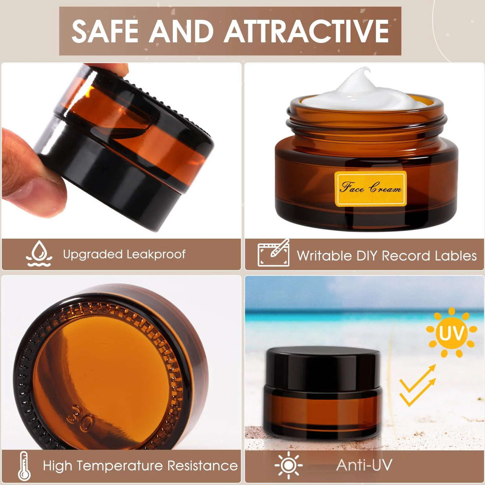 Ámbar Tarros Cosmeticos 20ml, Tarros de Crema con 2 Raspadores, Contenedor de Cosméticos Marrón, Tarro de Cristal con Tapa