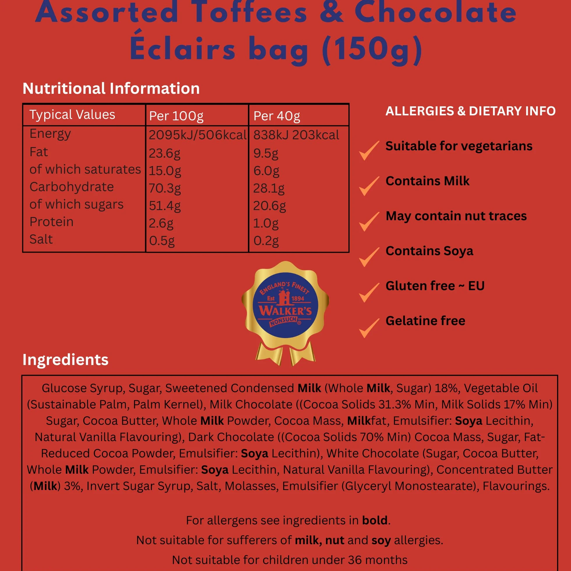 Walkers Assorted Toffees and Chocolate Eclairs Bag 150g