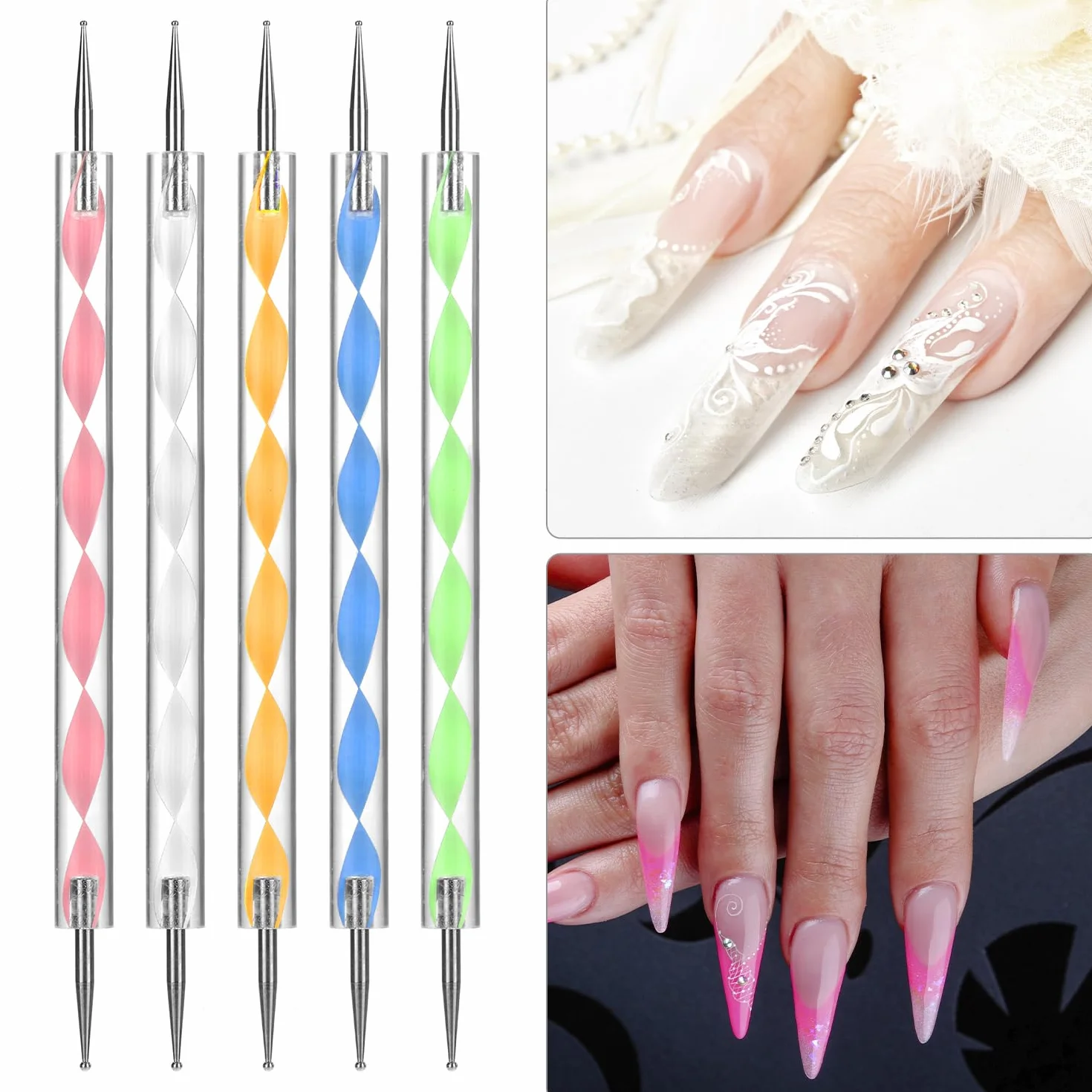 QWORK Juego de sellos para uñas con raspador, 3 pinceles, 5 rotuladores de doble cara