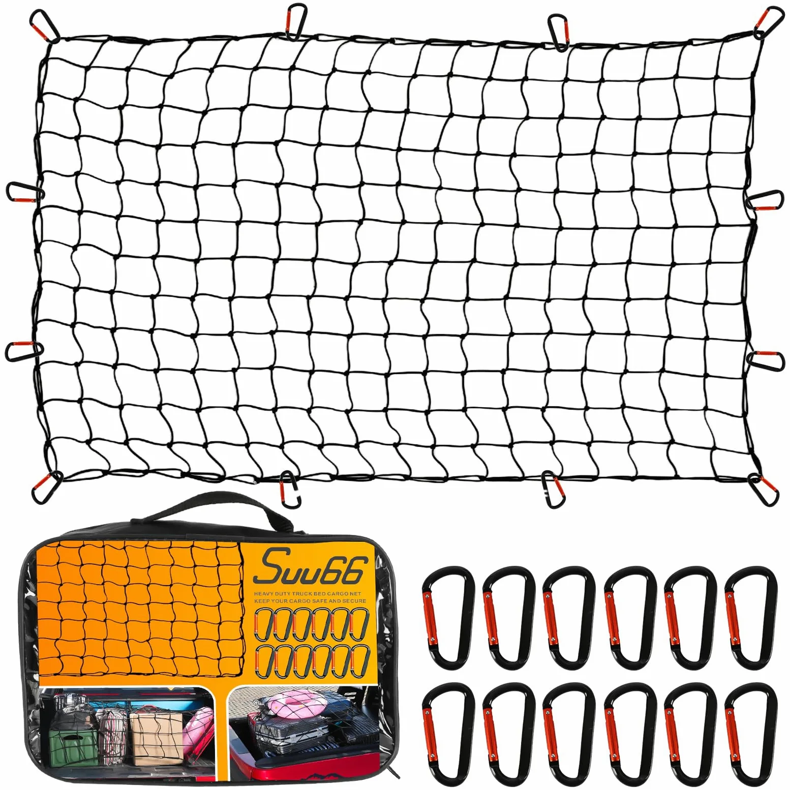 Red de carga resistente para camioneta, SUV, 5 x 7 pies, se estira hasta 15 x 21 pies, malla elástica de látex resistente, con 12 mosquetones de metal, accesorios de caja de camioneta para Dodge RAM,