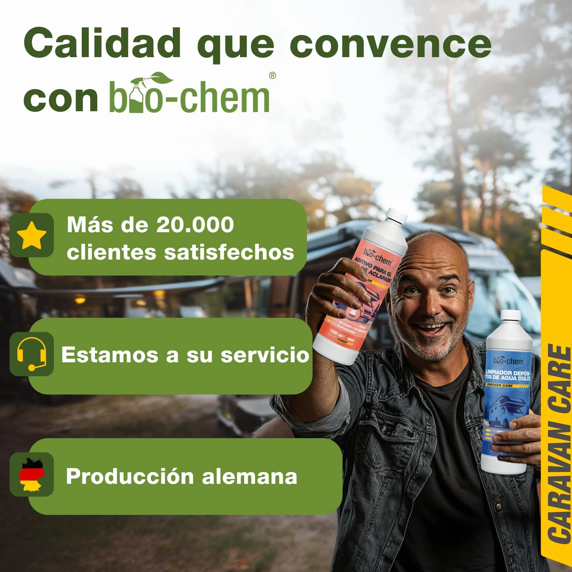 Bio-Chem - Set de 3 Productos de Limpieza para aseos higiénicos de autocaravanas - Limpiador para depósitos de Agua Dulce de caravanas - Limpiador para Aguas Grises - Líquido Sanitario