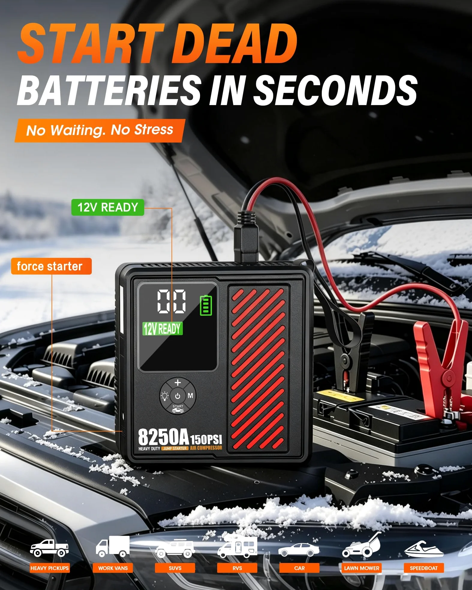 Arrancador portátil de coche de 8250 amperios con compresor de aire, inflador de neumáticos seguro de 150 PSI, inflado rápido de 40 l/min con apagado automático de 12 V, 760 CCA, arrancador de batería