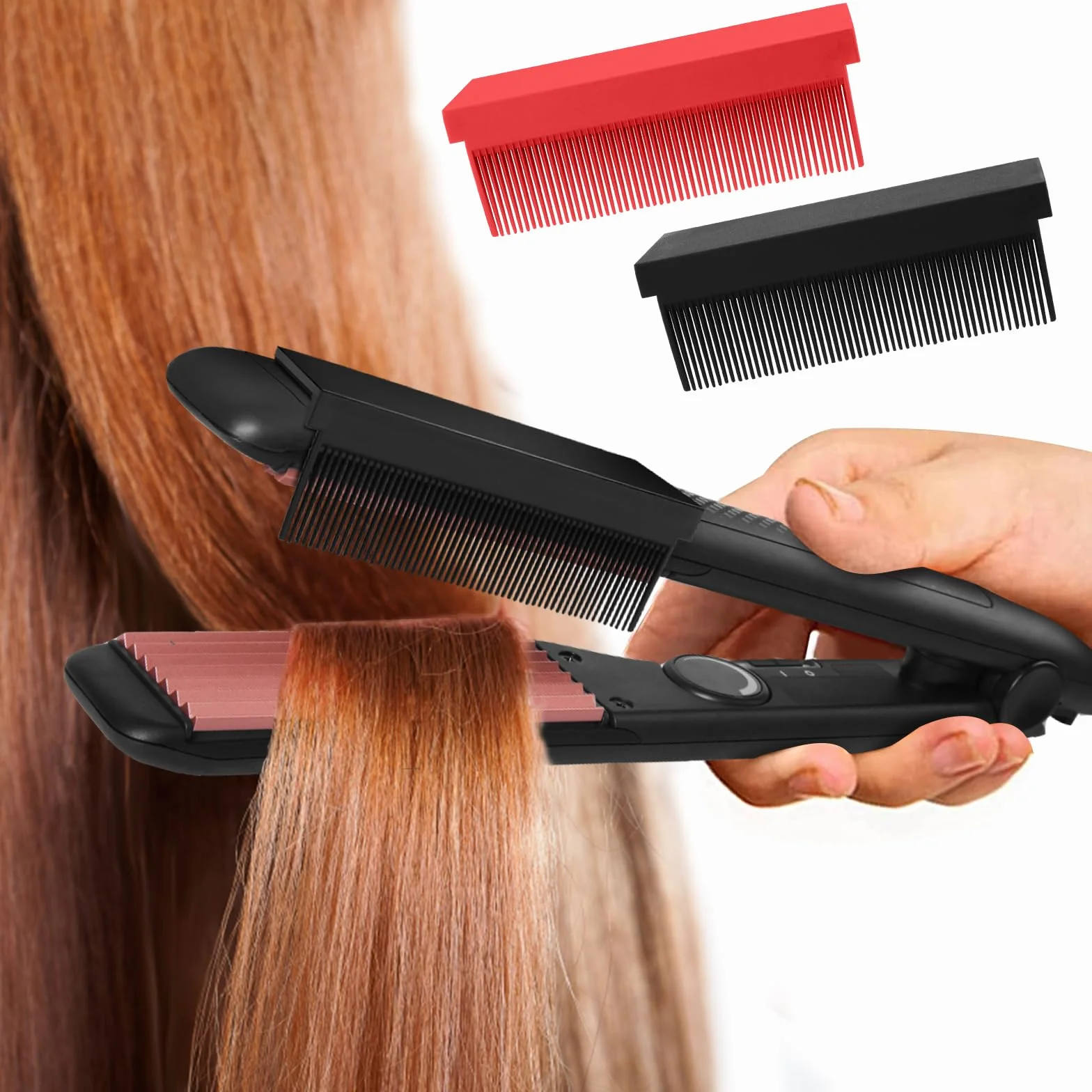 2 Piezas Accesorio Peine de Hierro Plano con Clip Resistente al Calor para Alisador de Cabello (Negro, Rojo)