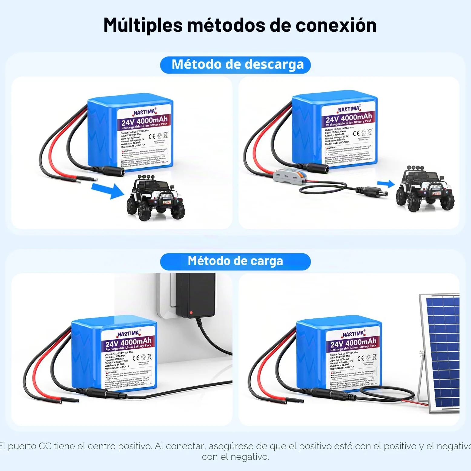NASTIMA de 4000mAh y 88,8Wh 24V Batería Recargable de Iones de Litio | para Altavoces Bluetooth, Coches Teledirigidos, Sistemas de Energía Solar, Bricolaje, etc. Incluye Cargador y Conector