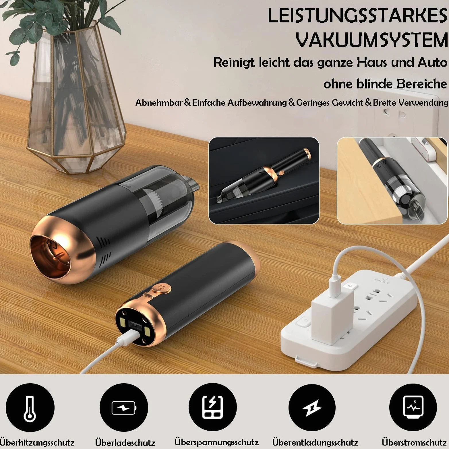 Aspirador para Coche Potente - USB Recargable Mini Aspirador de 13.000 Pa con 2 Filtro para Coche - Pelo de Animales, hogar, Oficina