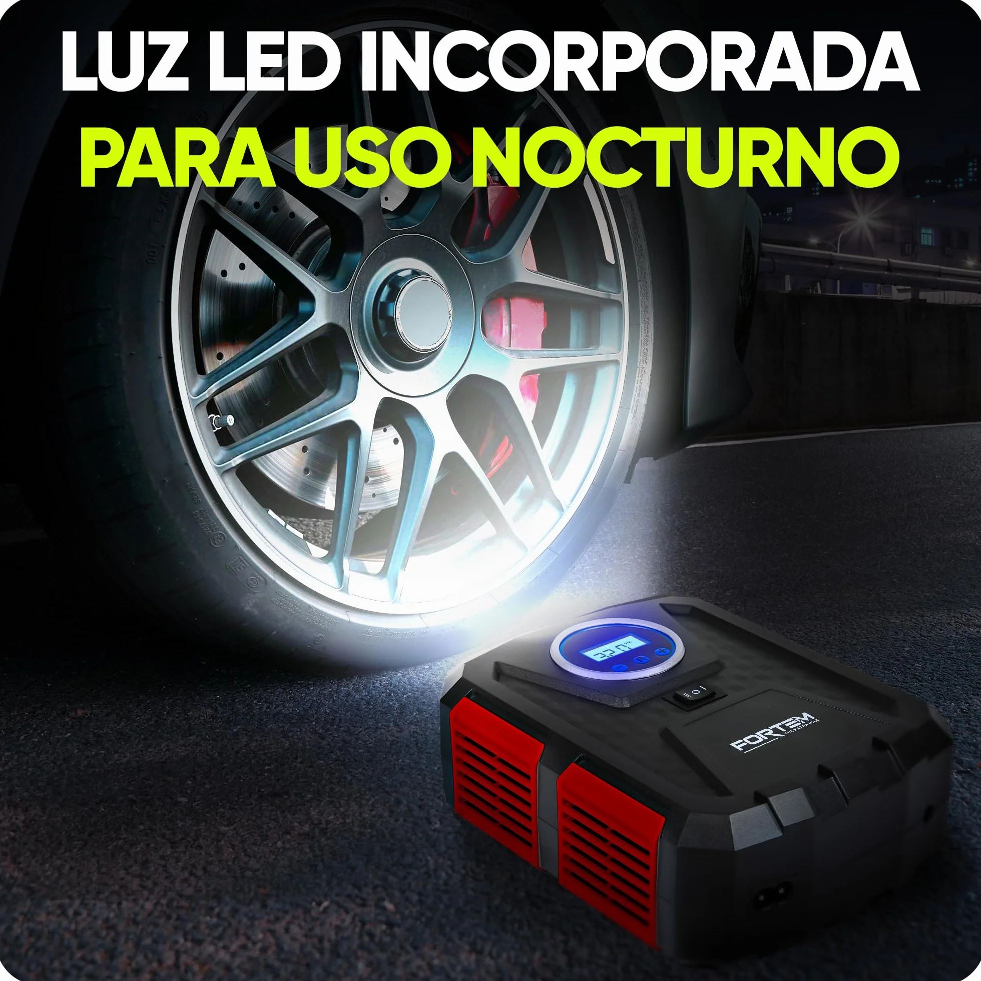 FORTEM Inflador de Ruedas de Coche, Compresor de Aire - Manómetro Digital, Autobombeo, Parada Automática - Bolsa de Transporte