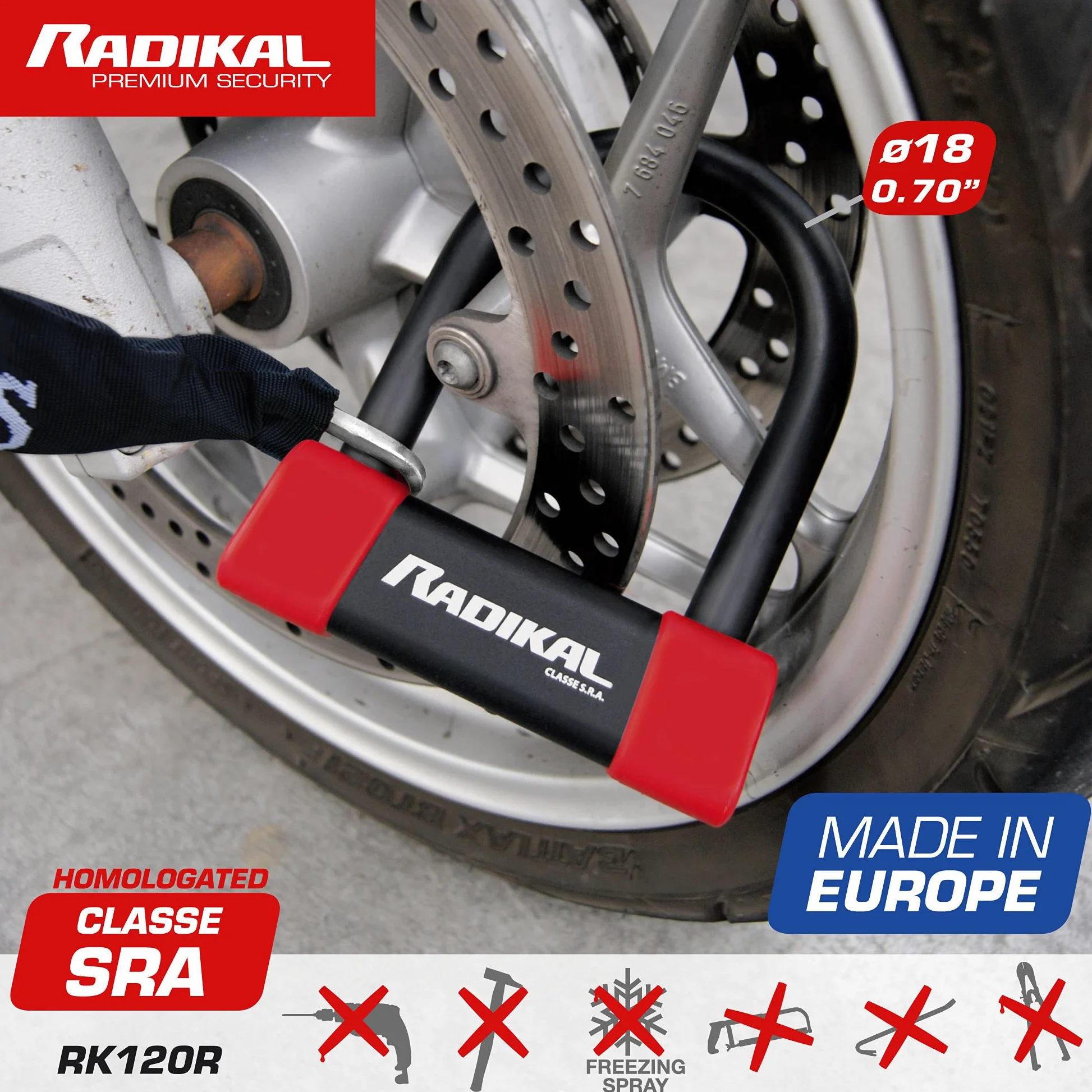 RADIKAL RK120R+RK10120L Candado Moto U Homologado SRA + Cadena Acero Cementado 120cm Más Largo con Sistema Lazo, Horquilla Acero Endurecido ø18mm, Máxima Seguridad Antirrobo Universal para Motocicleta