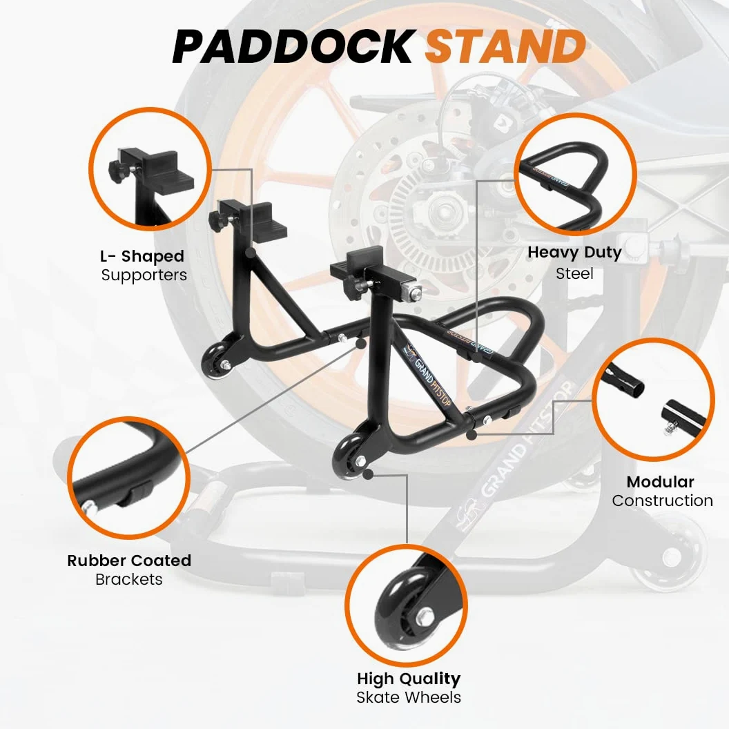GRAND PITSTOP Motorcycle Stand, Paddock Lift Stand for Rear Wheel with Fork & Swingarm Spool,Weight capicity 990Lbs & 450 Kg's, Dismantable Stand, for Yamaha Honda Kawasaki Suzuki Motorcycles, Black