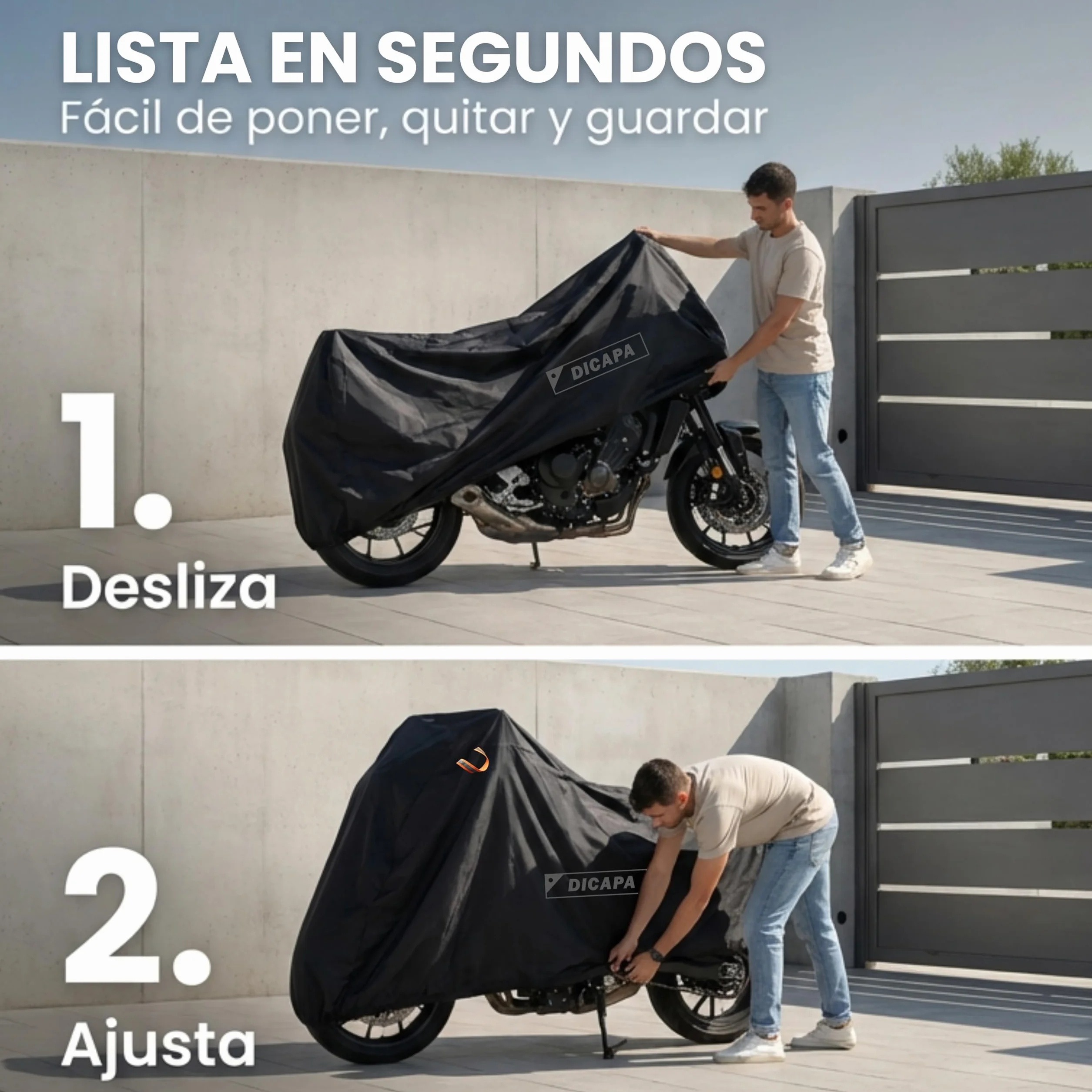 DICAPA Funda Moto Impermeable 245x105x125cm (XXL) Resistente al Agua, Viento, Nieve y Rayos UV. Funda para Moto con Sistema Antirrobo y Cierre Elástico