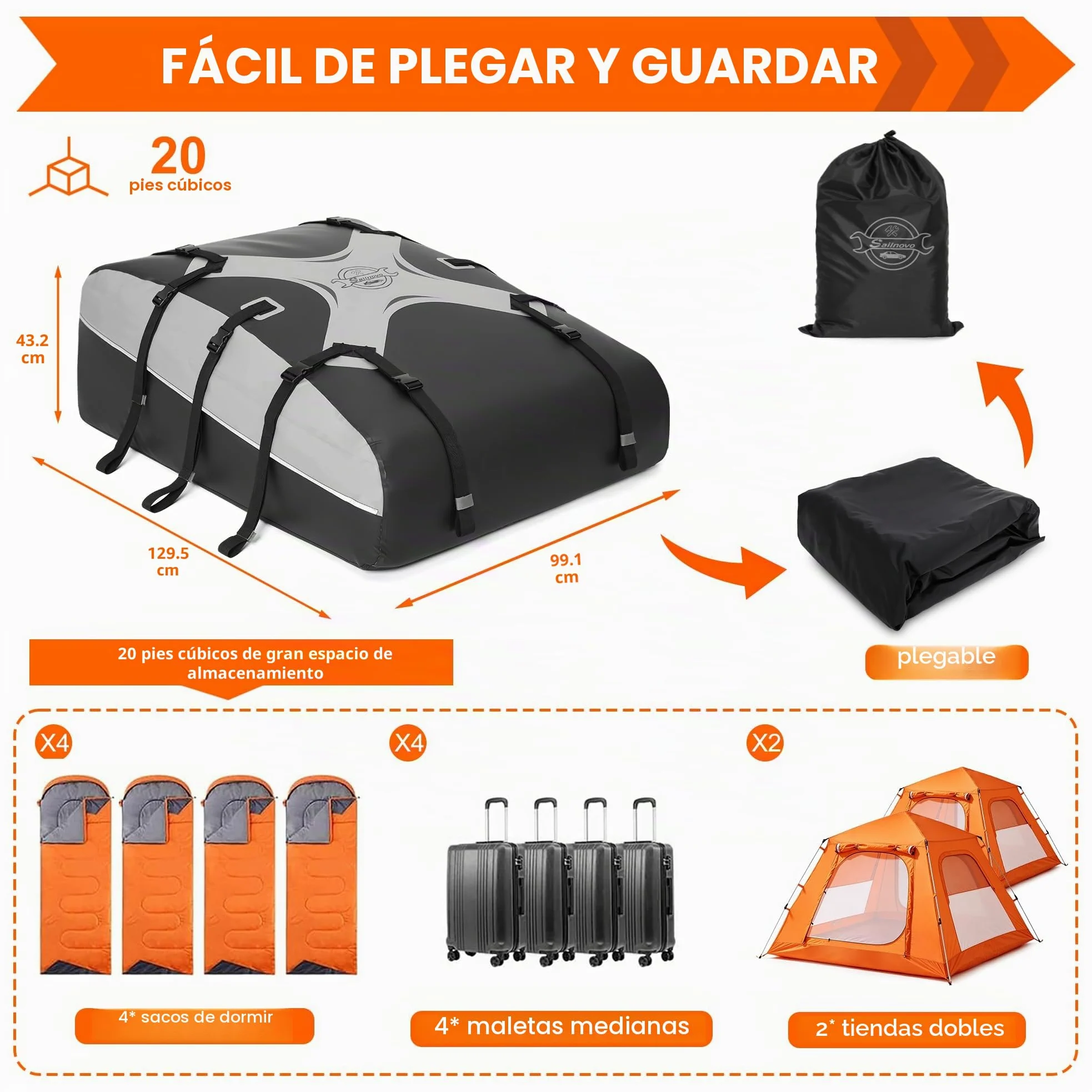 Sailnovo Cofre de Techo 580 L/20 cúbicos, Impermeable Bolsa de Techo, con 6 Ganchos con Alfombrilla Antideslizante Cerrar para Puerta, Apto para Coches sin Portaequipajes (Gris-Negro)