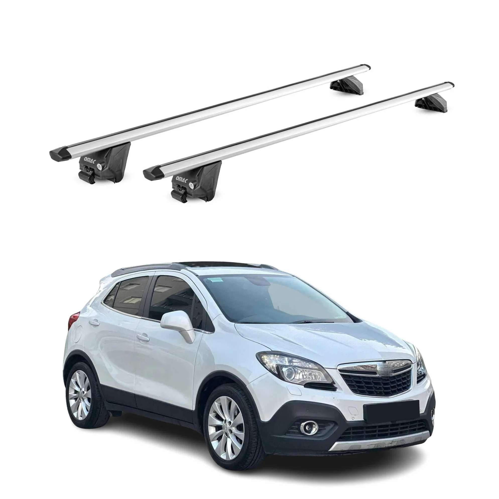 OMAC Barras de Techo Aluminio TÜV geprüft para Opel Mokka I 2012-2019 – para Barras Integradas – T Nut – MAX 100 kg – 2 Schlösser Plata