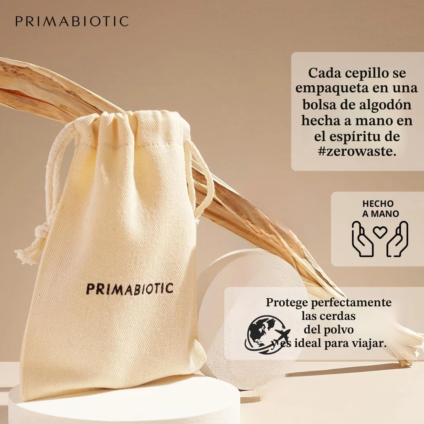 Primabiotic Cepillo de Masaje Facial de Madera de Roble y Pelo de Cabra para Limpieza Seca Natural