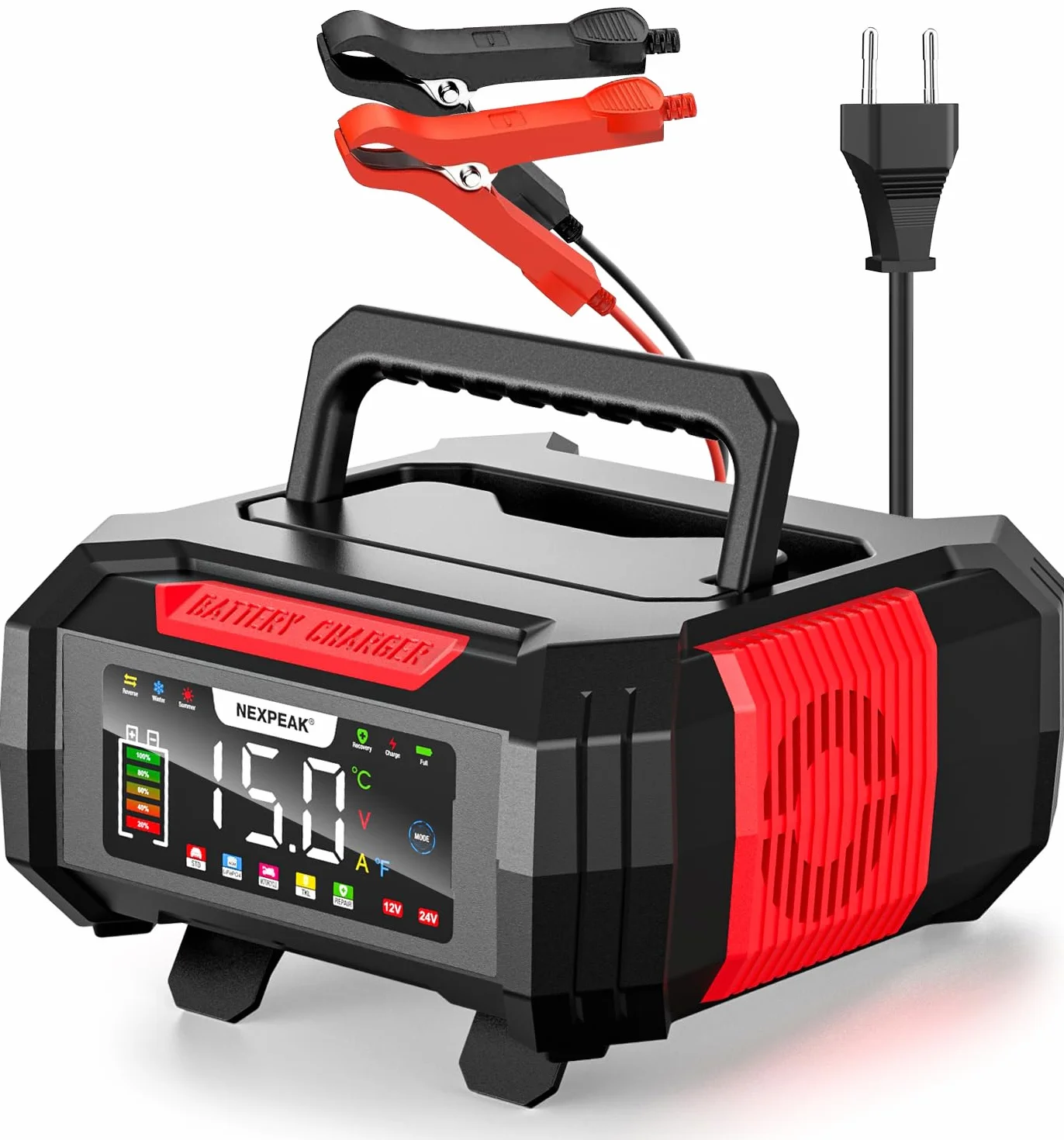 15A Cargador de Batería de Coche, NEXPEAK NC315 12V 24V LiFePO4 Cargador de Batería de Coche Portátil 9-Etapas Batería Inteligente para Coche, Camión, Moto, Cortacésped, Barco, Marina