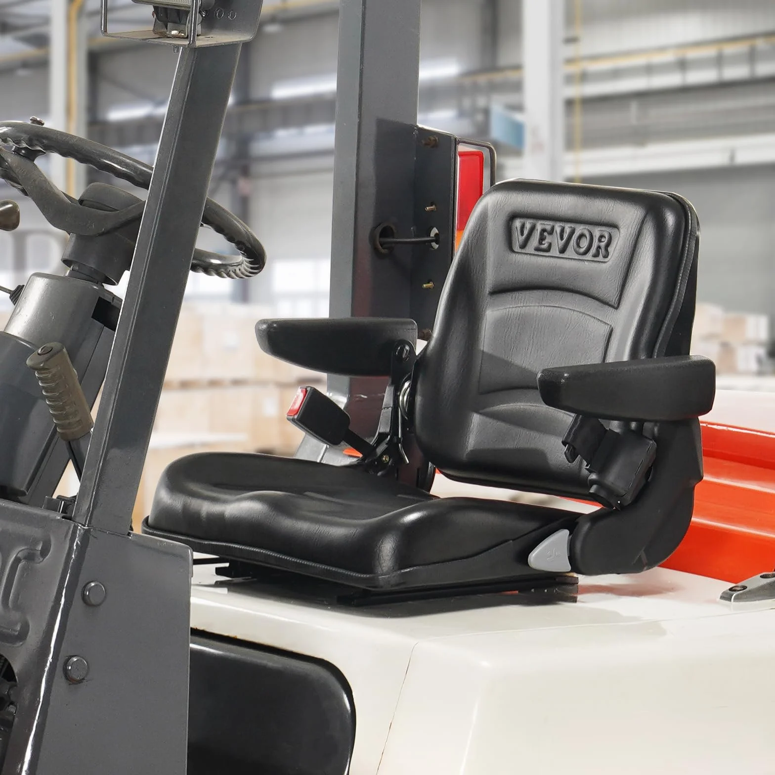 VEVOR Asiento de Carretilla Elevadora Universal Plegable Respaldo Ajustable Micro Interruptor Cinturón Seguridad Reposabrazos 160-340mm
