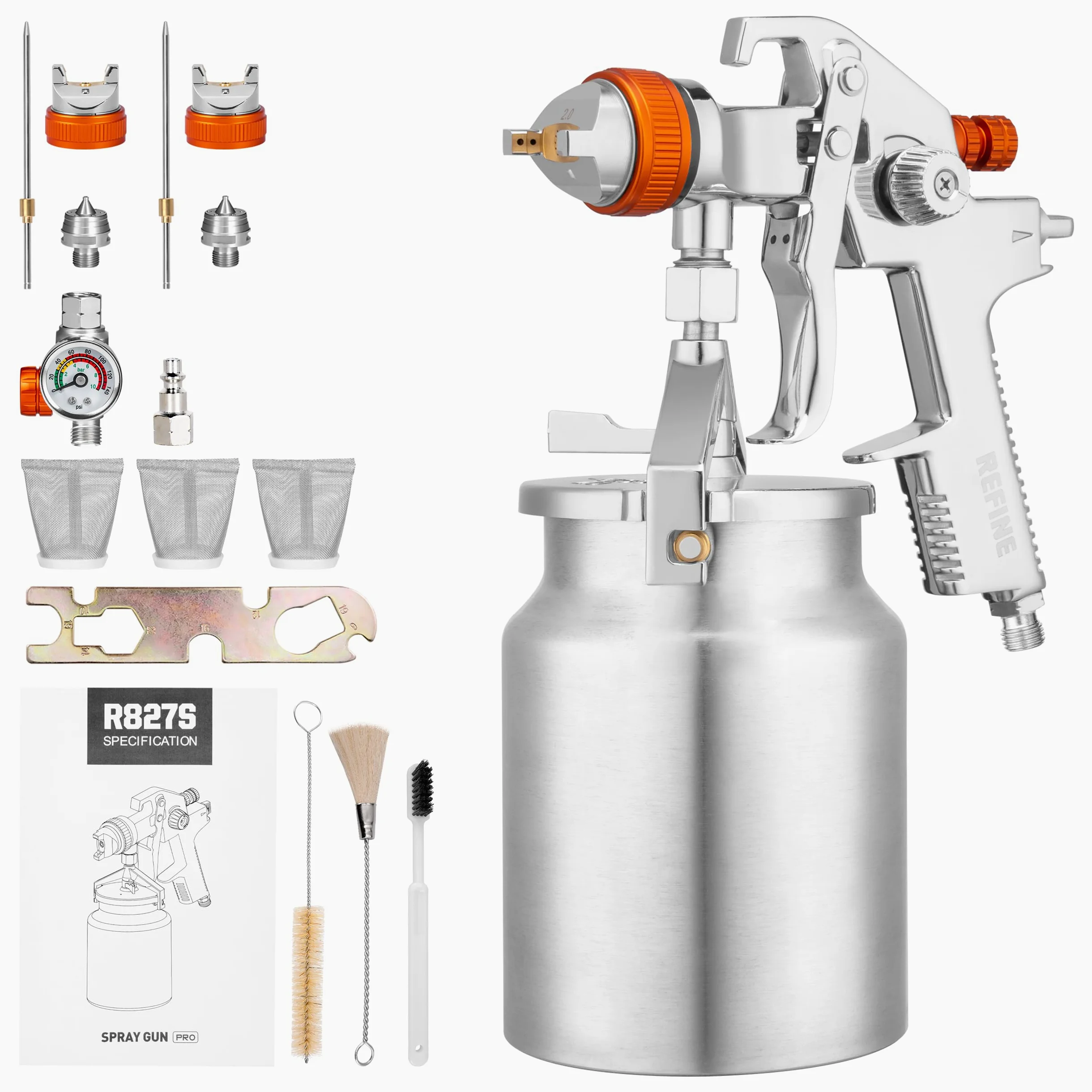 REFINE HVLP - Pistola pulverizadora de pintura de aire con sifón con juegos de boquillas de 1,7 mm y 2 mm, pistola de pintura automotriz de 1000 CC con regulador de aire, profesional para coche,