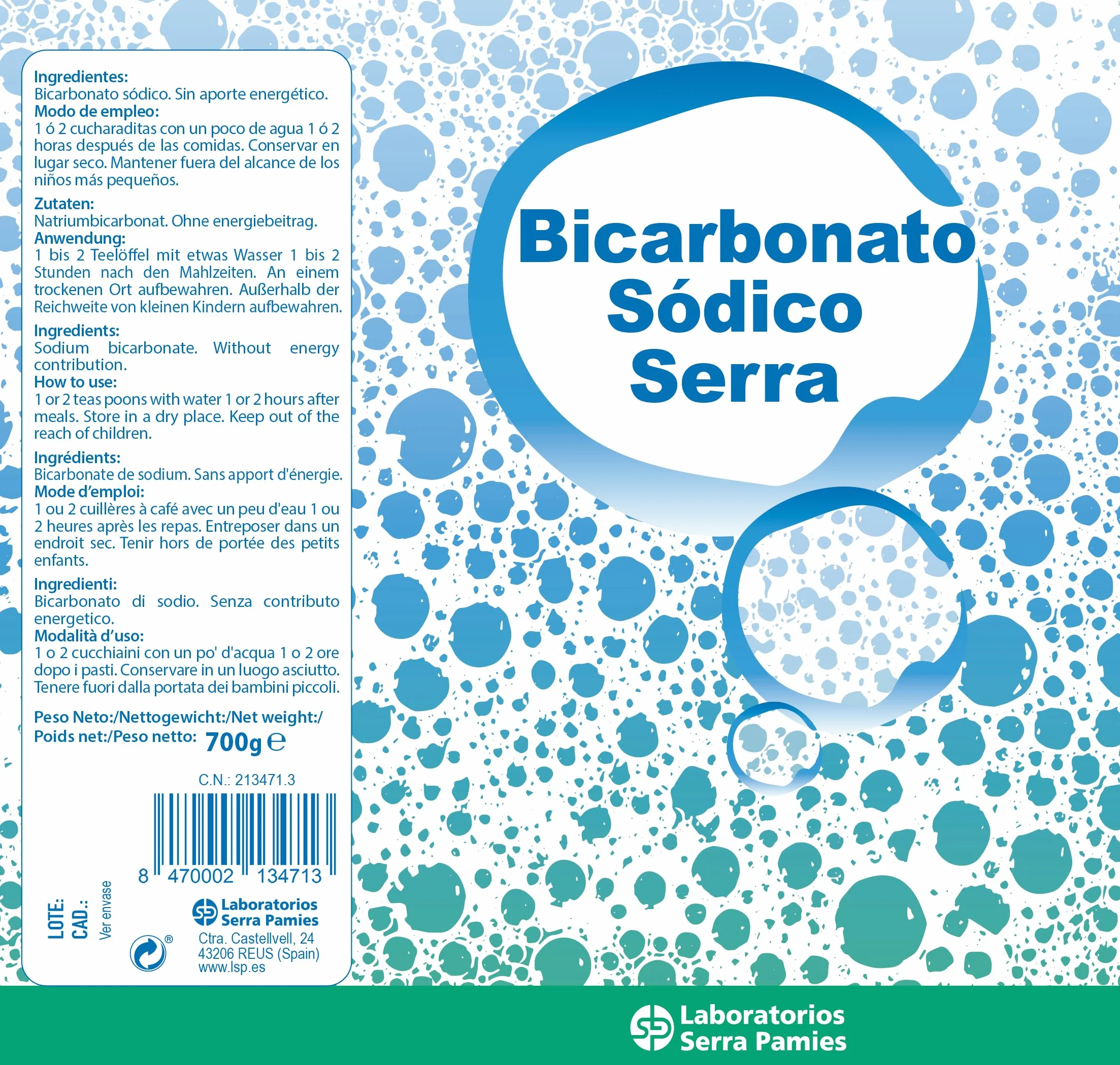 Bicarbonato de sodio alimenticio 700 gramos Serra puro 100% Natural