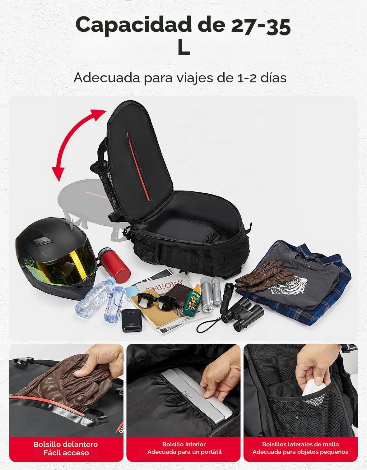 KEMIMOTO Mochila Casco de Moto, Bolsa de 35L con Red Oculta, Soporte Grande para Cascos