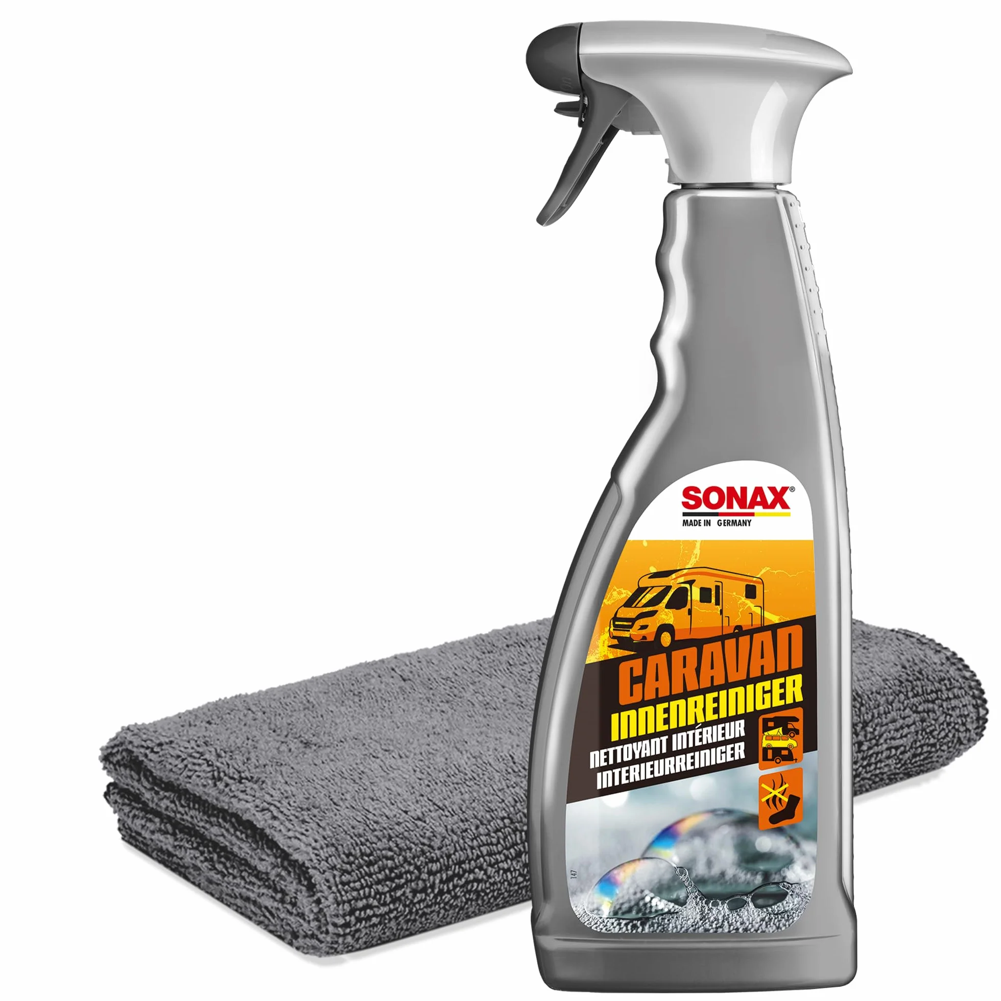 Sonax Caravan - Juego de limpieza de interiores para autocaravanas, 750 ml, con eliminador de olores y paño de microfibra, para plásticos, cuero, madera, aluminio y superficies pintadas o laminadas en